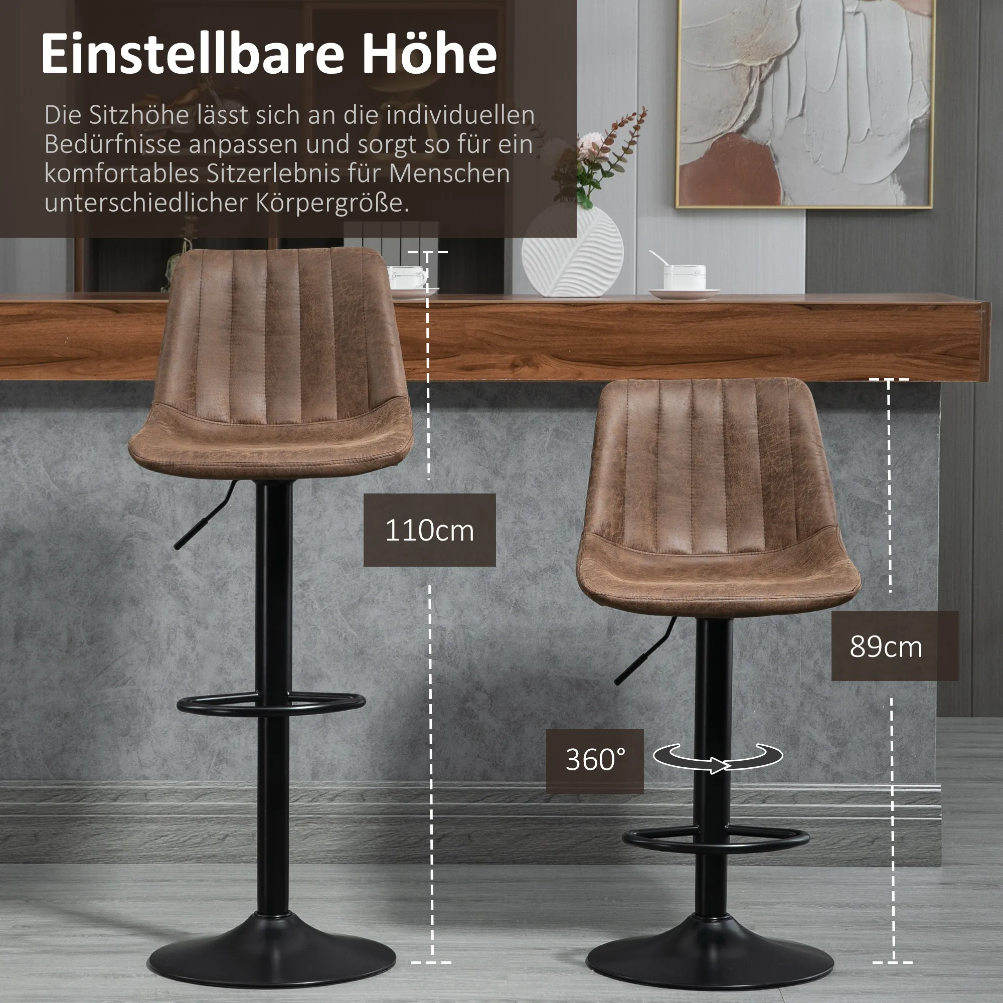 2er-Set Barhocker im Retrodesign, inkl. Fußstütze, höhenverstellbar, Gaslift, Braun + Schwarz
