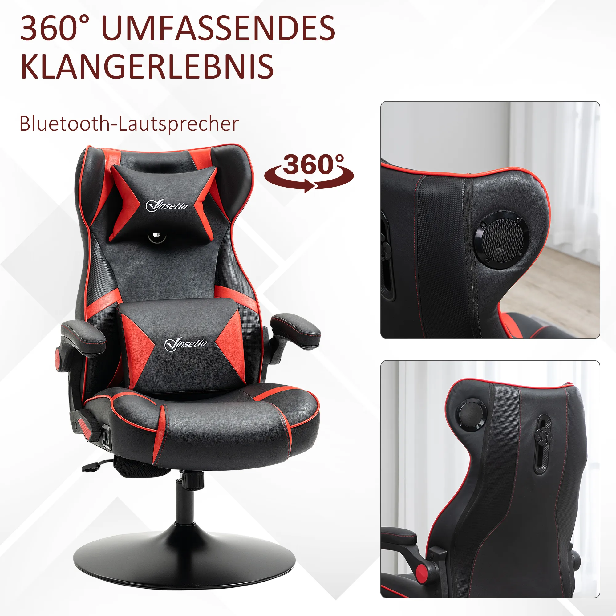 Gamingsessel, Gamingstuhl, integrierte Lautsprecher, neigbare Rücklehne, schwarz+rot, 69 x 73 x 118cm