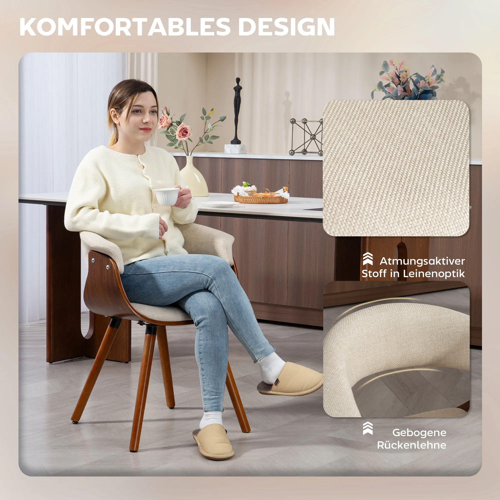 Eleganter Akzentstuhl 62B x 55T x 75H cm in Beige und Braun