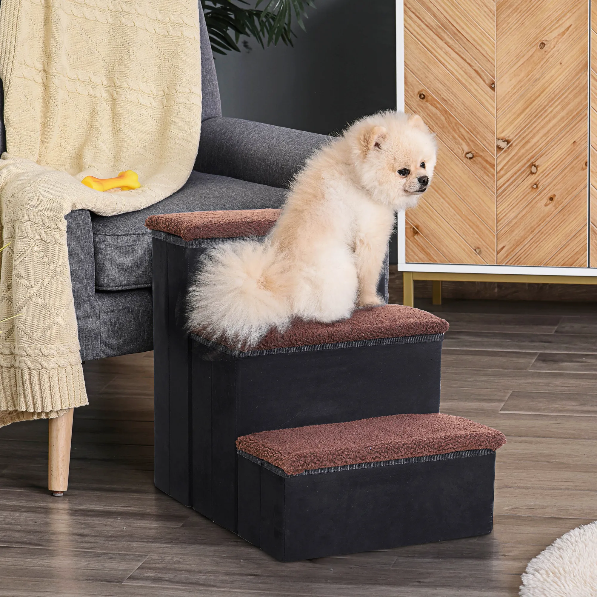 Haustiertreppe für Hunde und Katzen mit Stauraum, MDF, Schwarz