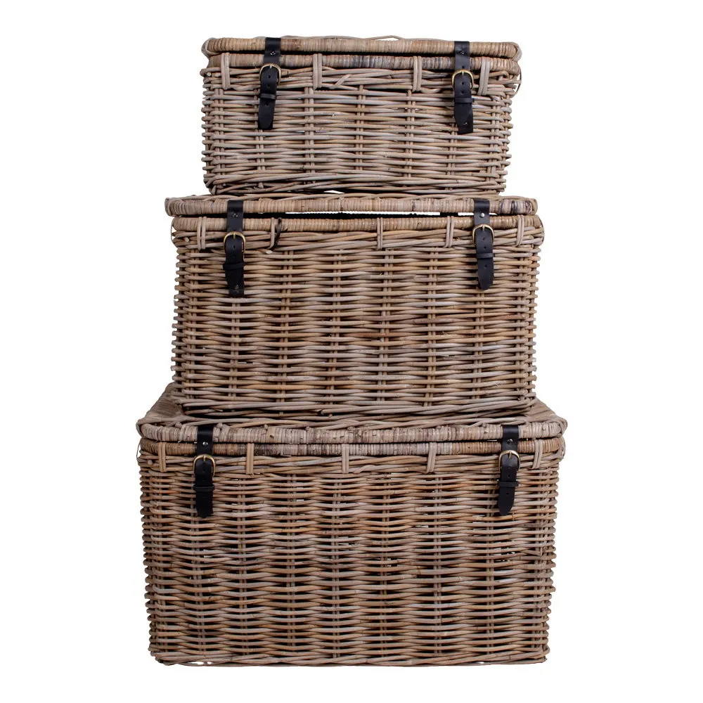 tinkaro Aufbewahrungsbox Set 3-teilig Kubu-Rattan Ledergriff Grau 81x71x61 cm