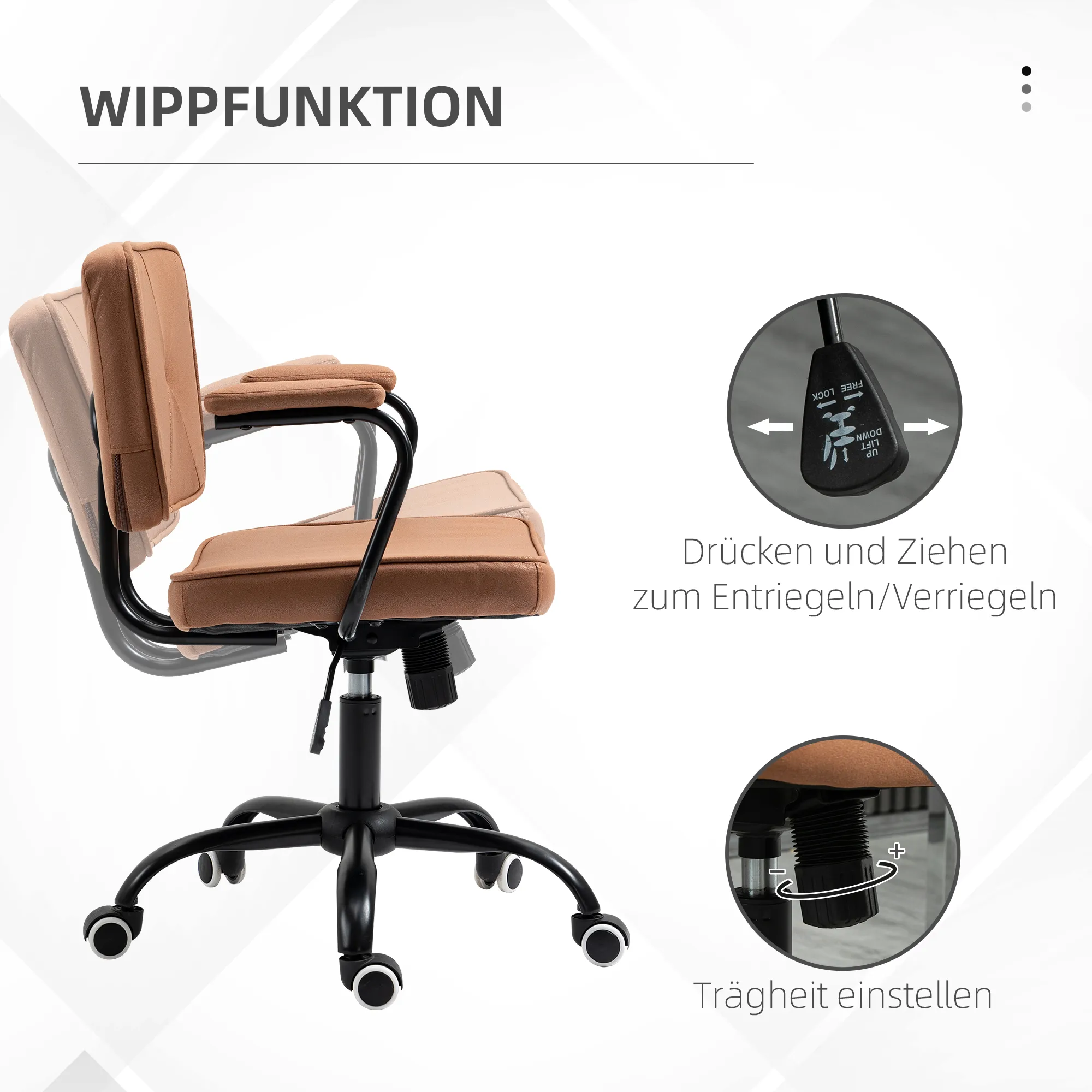 Bürostuhl mit Rollen Drehstuhl Schreibtischstuhl für Büro höhenverstellbar mit Wippfunktion 360°-Drehung neigbar Schaumstoff Braun 61 x 58 x 82-91 cm