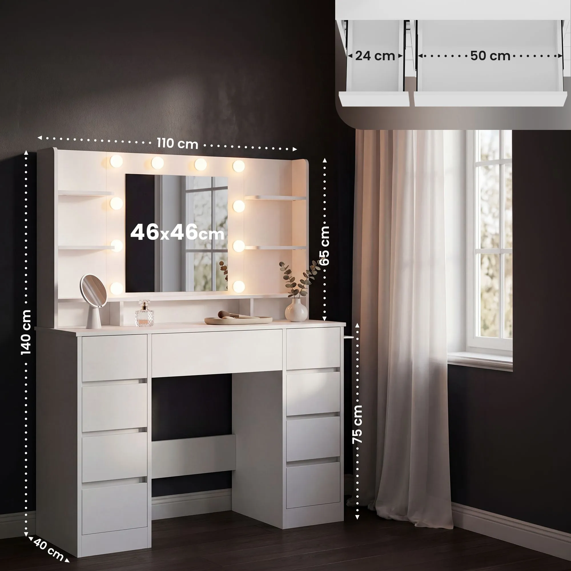 Schminktisch Pretty 110x40x140 cm weiß