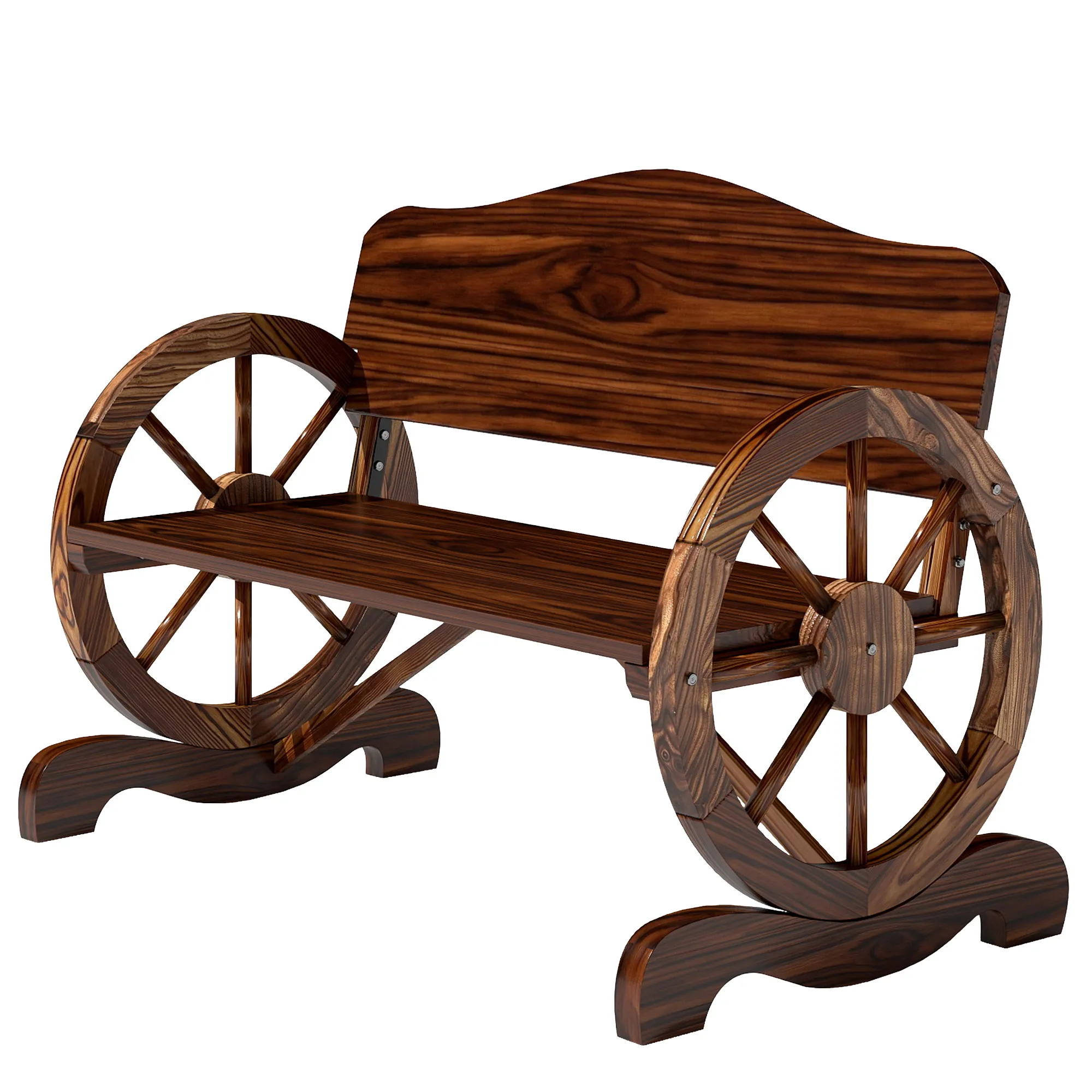 2-Sitzer Gartenbank mit Rad-Armlehnen, Rustikale Outdoor-Bank für Terrasse, Veranda, Fichtenholz, Braun
