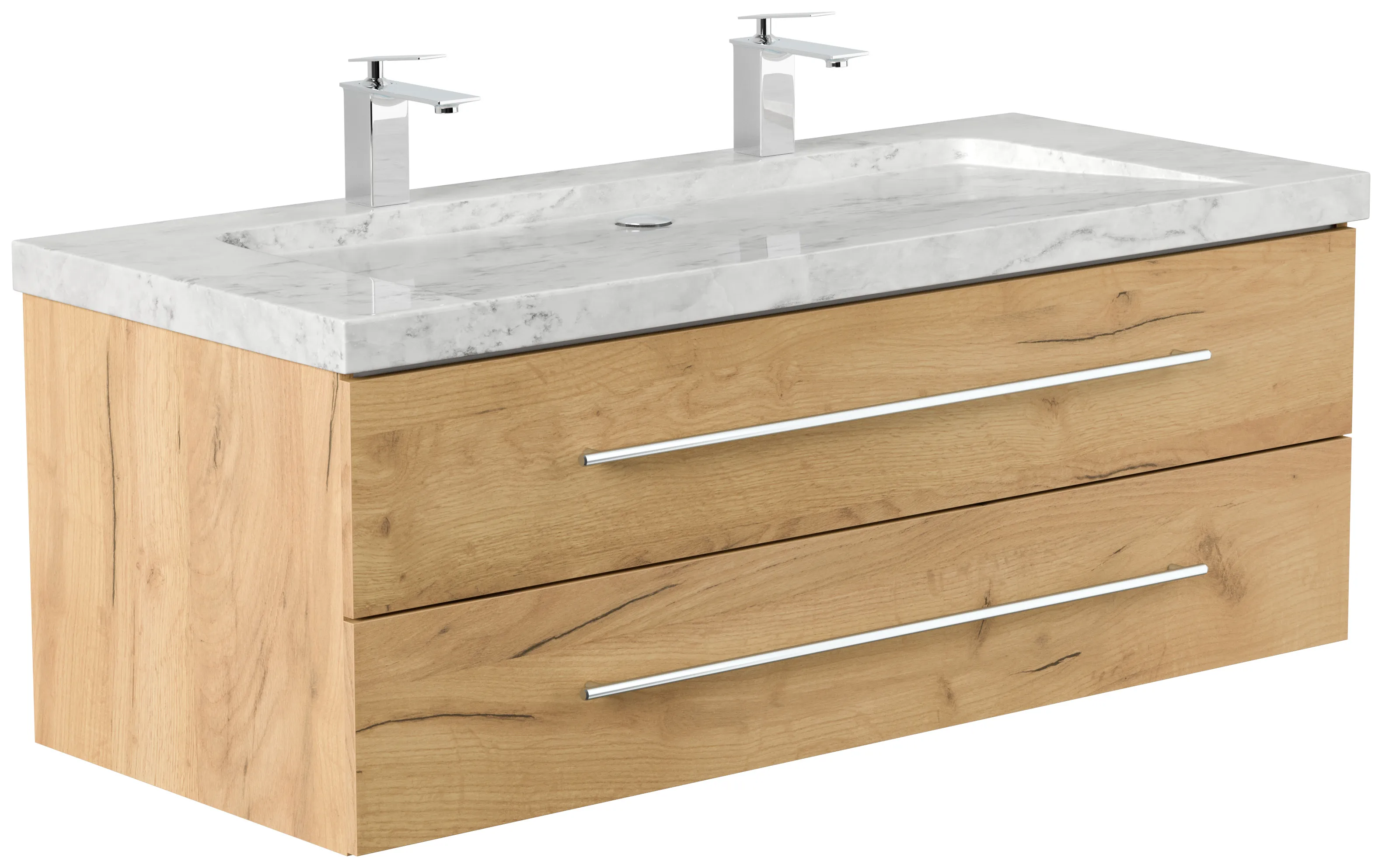 Badmöbel Marmor Carrara White YAMO 130 cm 2 Hahnlöcher SoftClose eiche gold