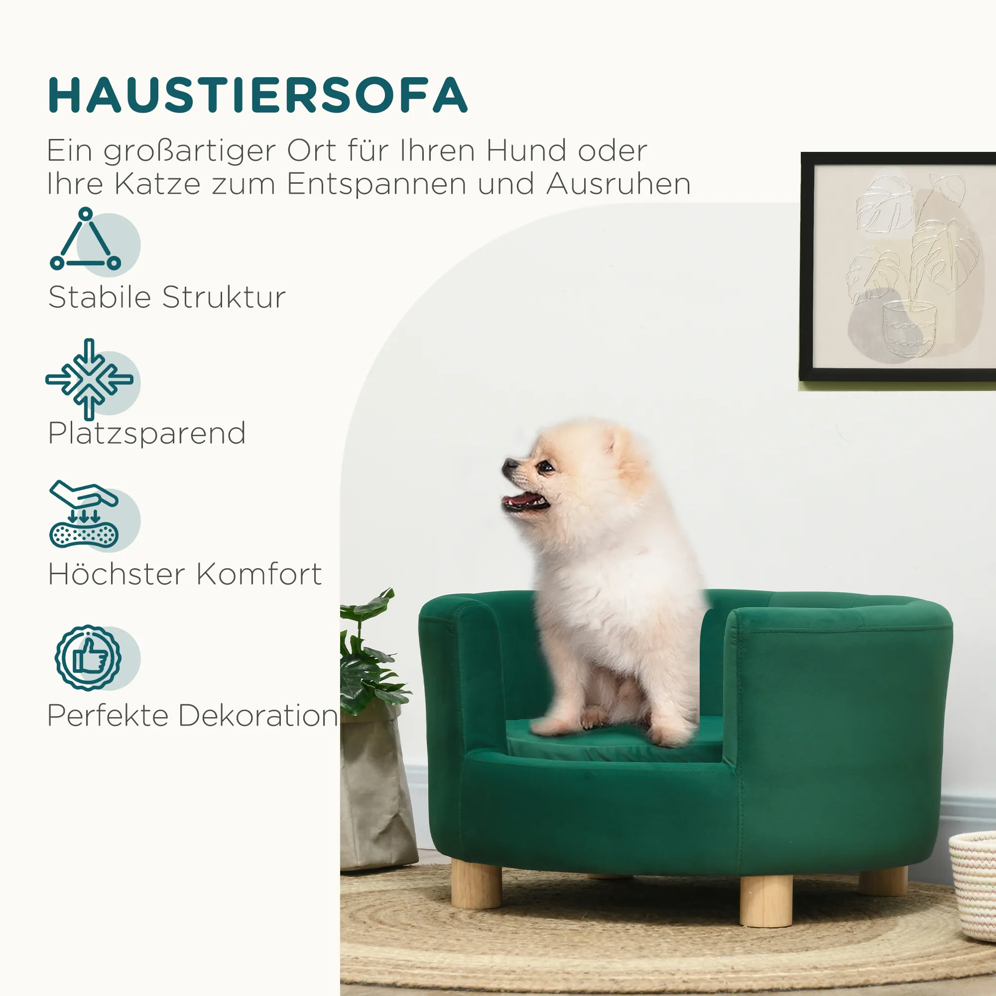 Hundesofa für kleine Hunde bis 4,5 kg mit Holzbeinen, Grün