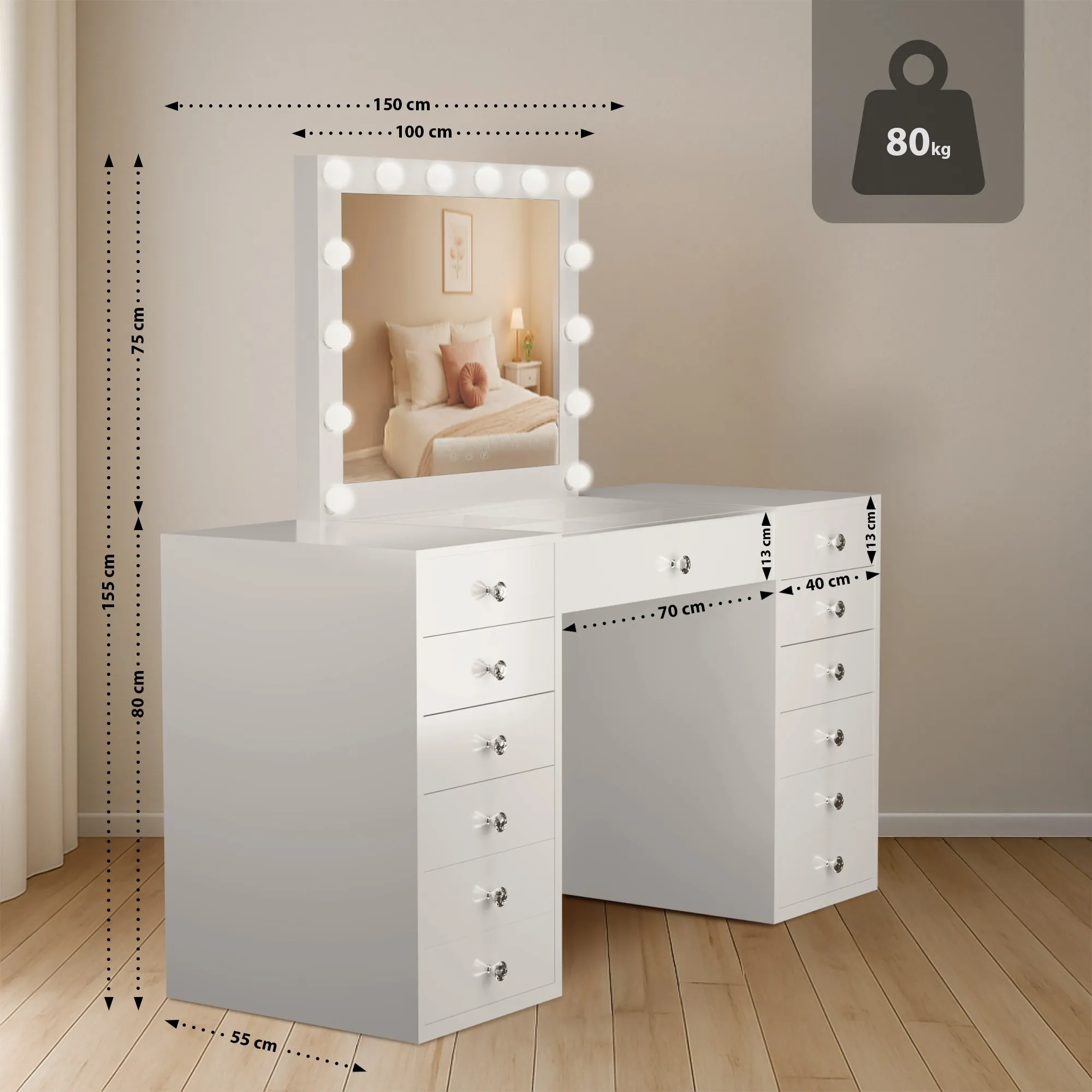 Schminktisch Attalla 150x55x155 cm weiß