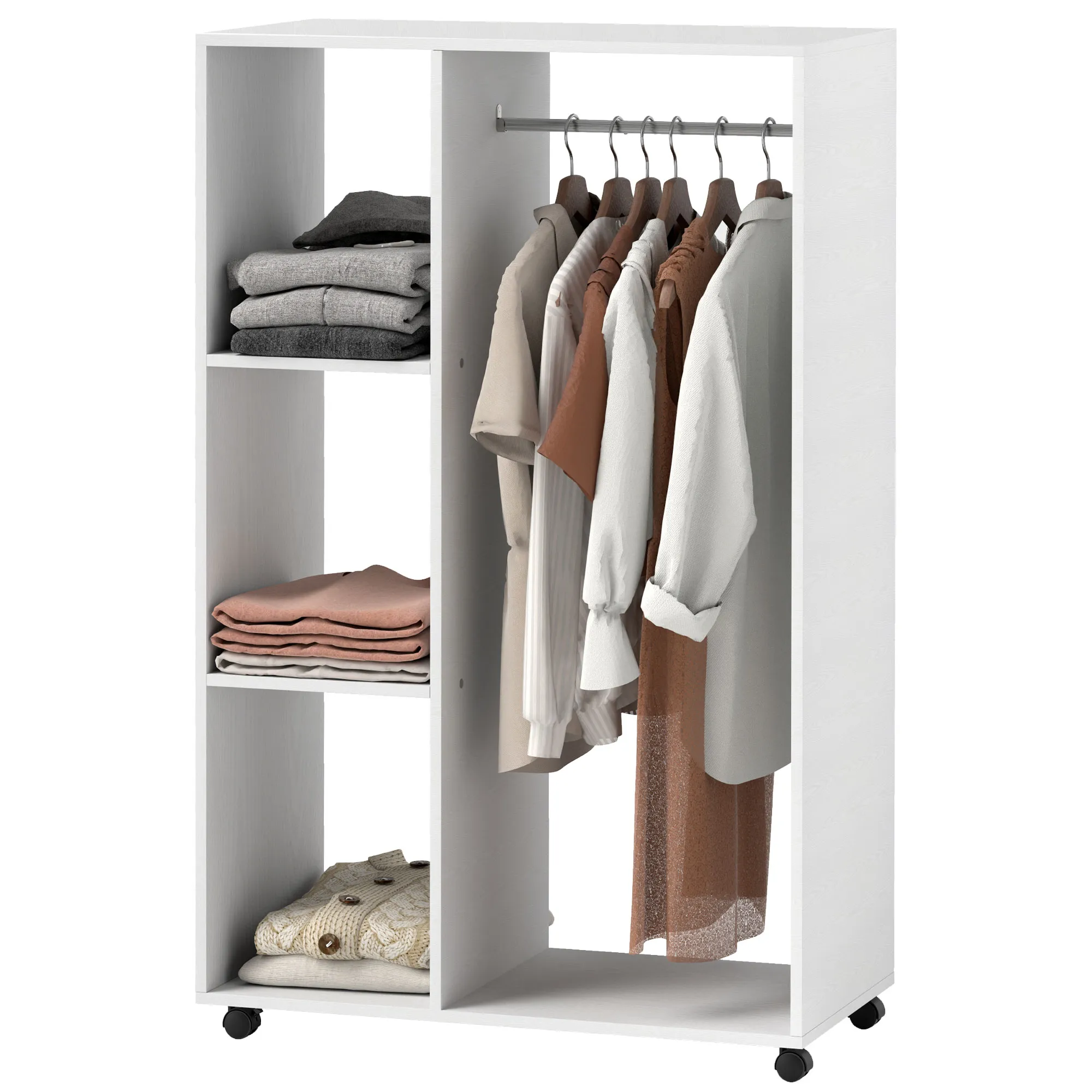 Kleiderschrank auf Rollen, mobile Garderobe, Garderobenschrank, Rollbarer Kleiderständer, 80 x 40 x 128 cm, Weiß