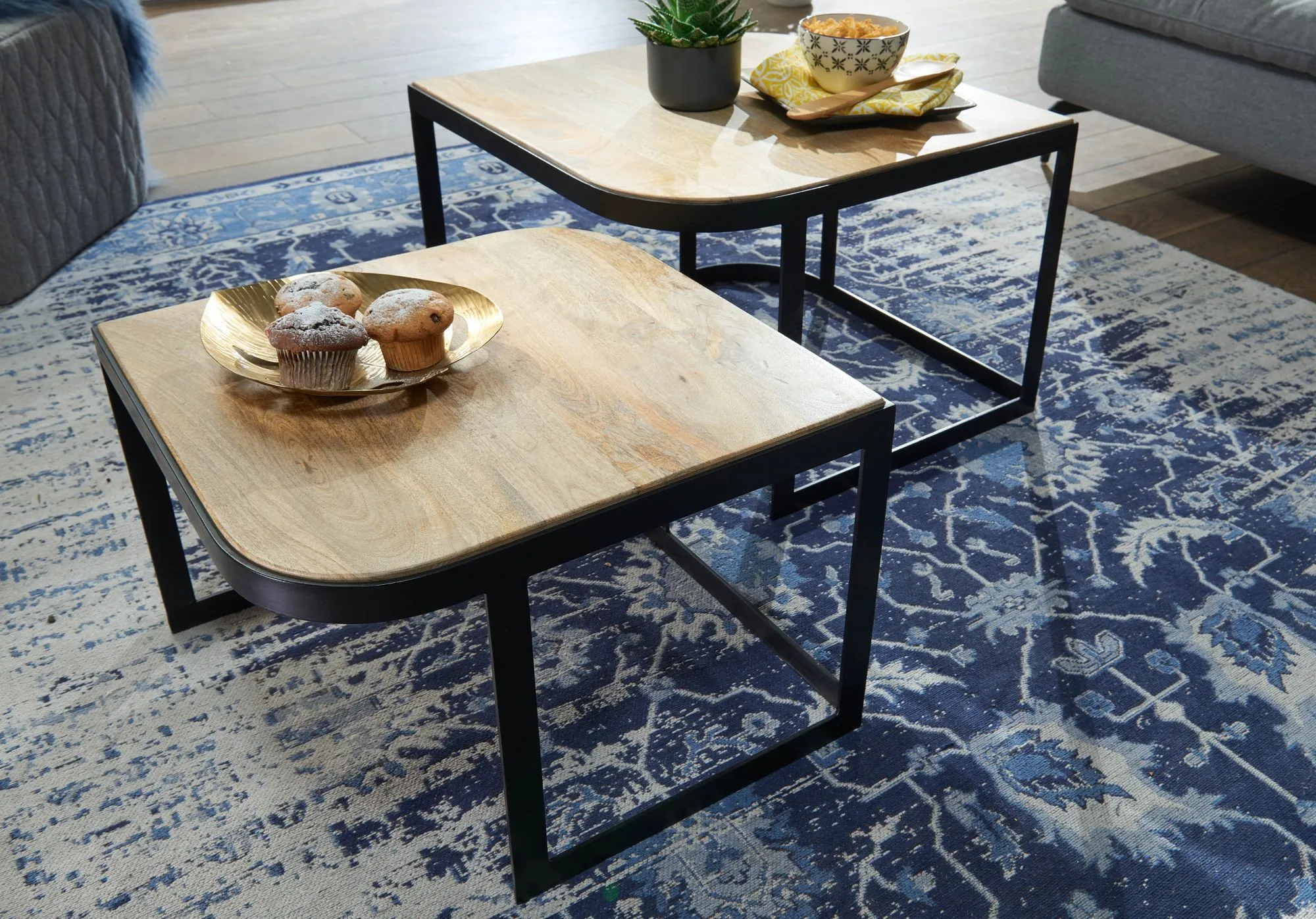 Couchtisch 2er Set Mango Massivholz / Metall Wohnzimmertisch Hell