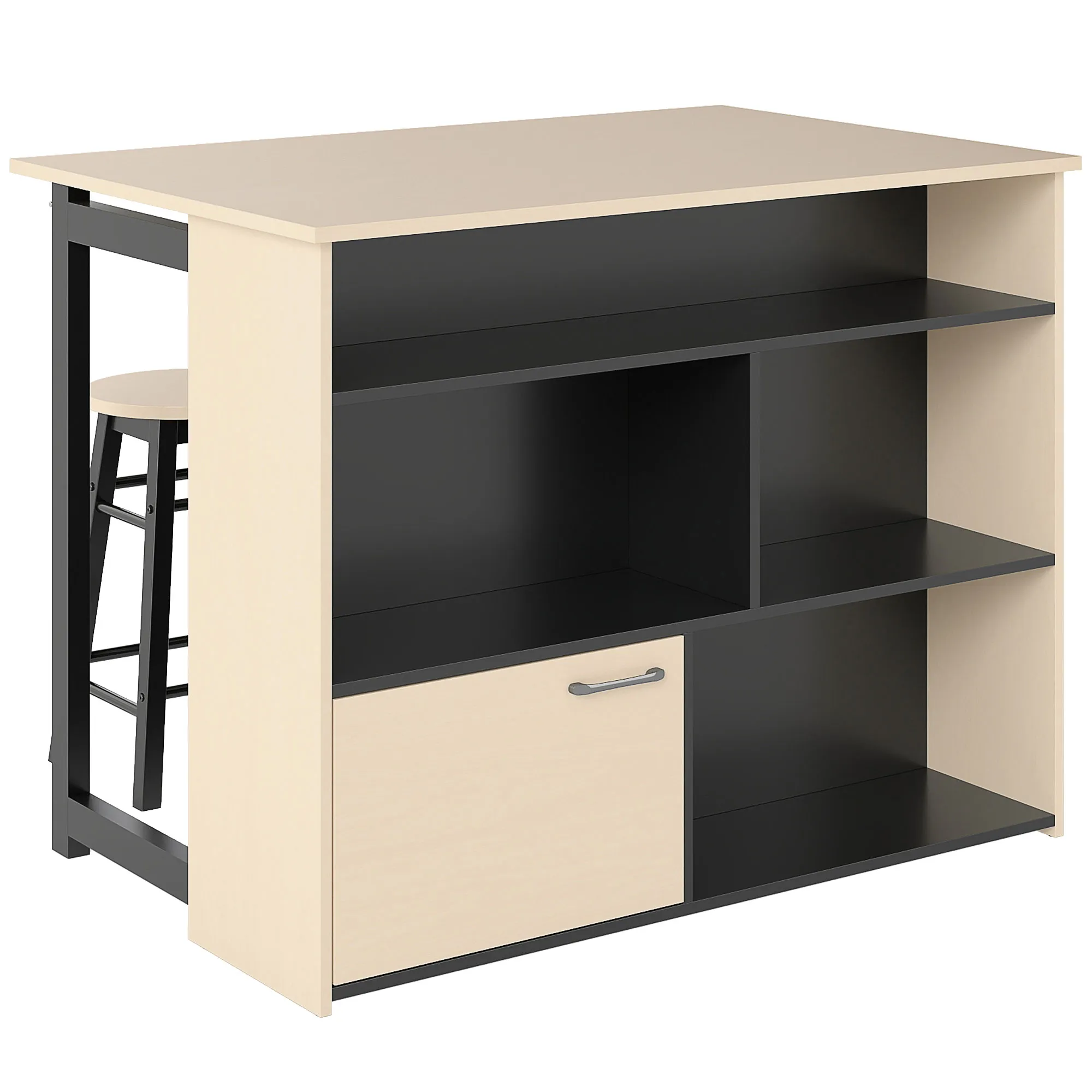 3-tlg. Barset, Bartisch mit klappbarer Tischplatte, 2 Barhocker, 6 Staufächer, schwarz+Eiche, 116 x 70 x 89,5 cm