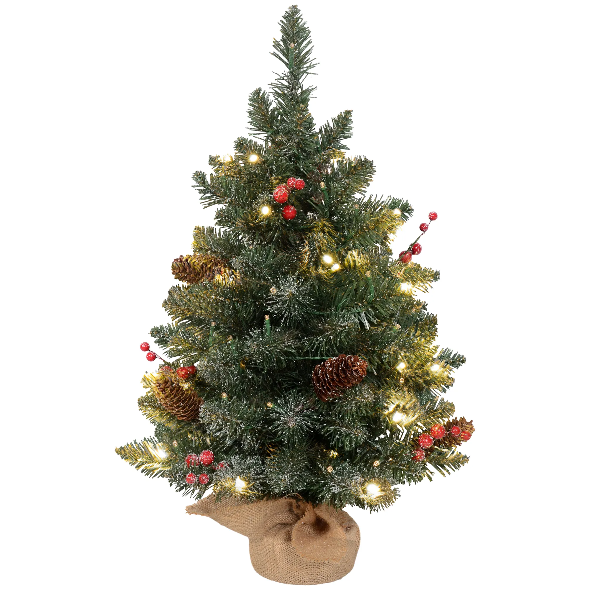 Weihnachtsbaum mit LED-Beleuchtung, 60 cm, Tannenzapfen und rote Beeren, inkl. Ständer, Grün/Weiß