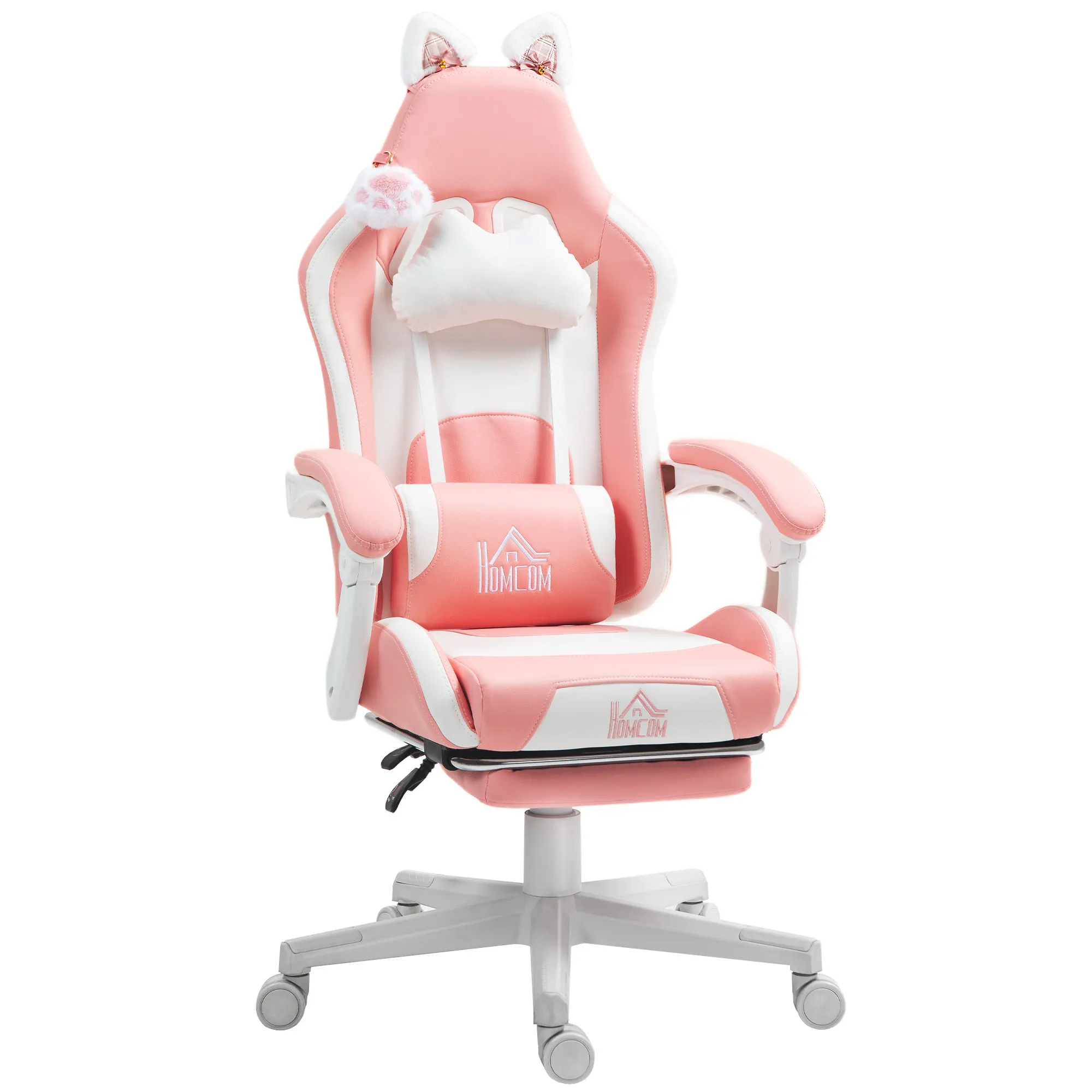 Gaming-Stuhl mit Fußstütze 65B x 62T x 116-124H cm Weiß+Rosa