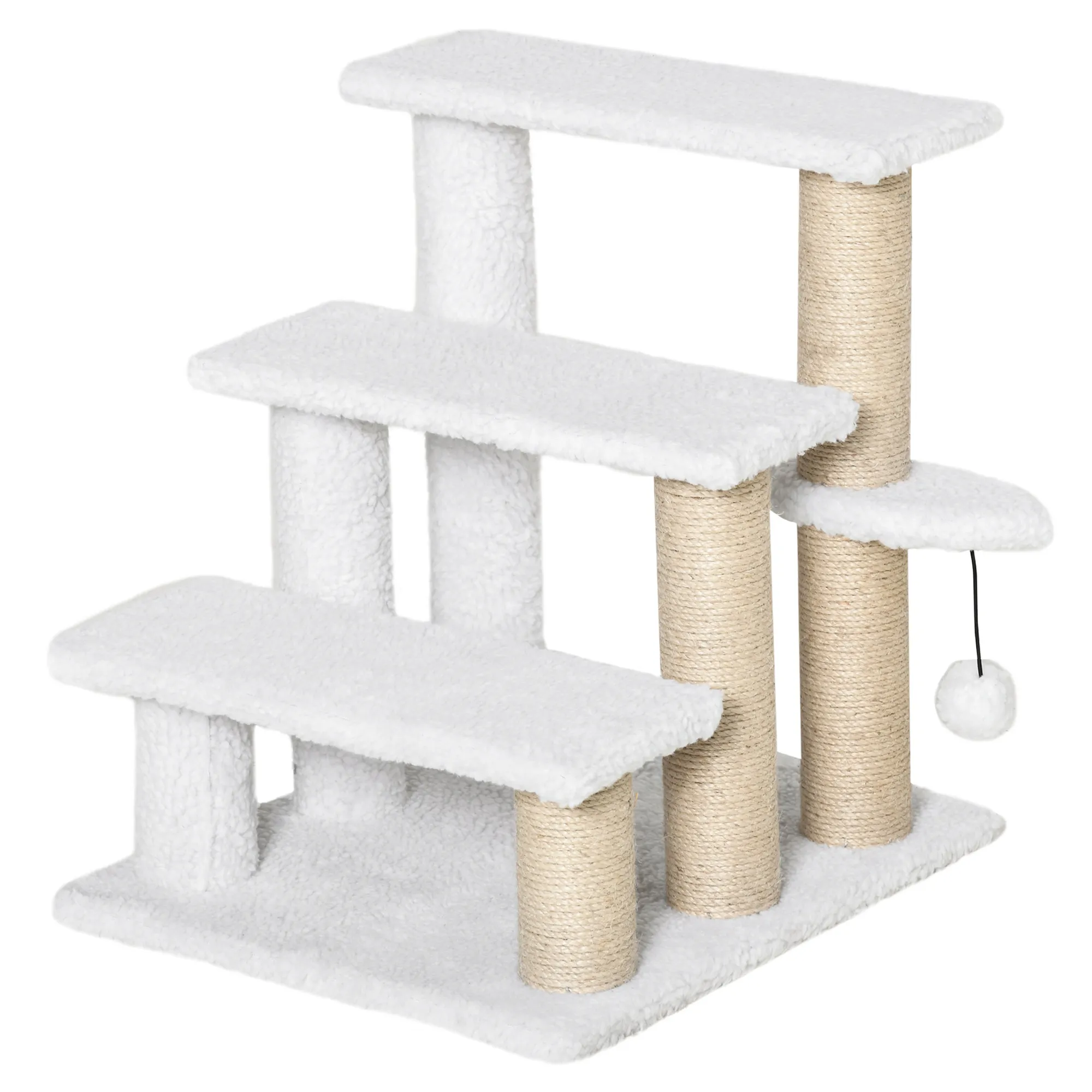 Katzentreppe mit Kratzsäulen und Spielball, Plüsch, Weiß, 48 cm hoch