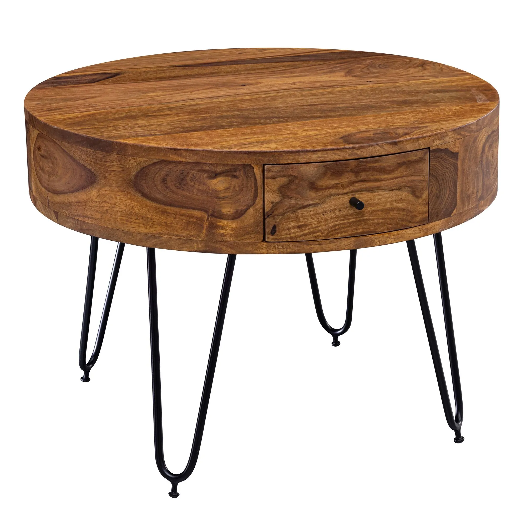 tinkaro runder Couchtisch MINO Sofatisch Sheesham Kleiner Tisch Metallbeine