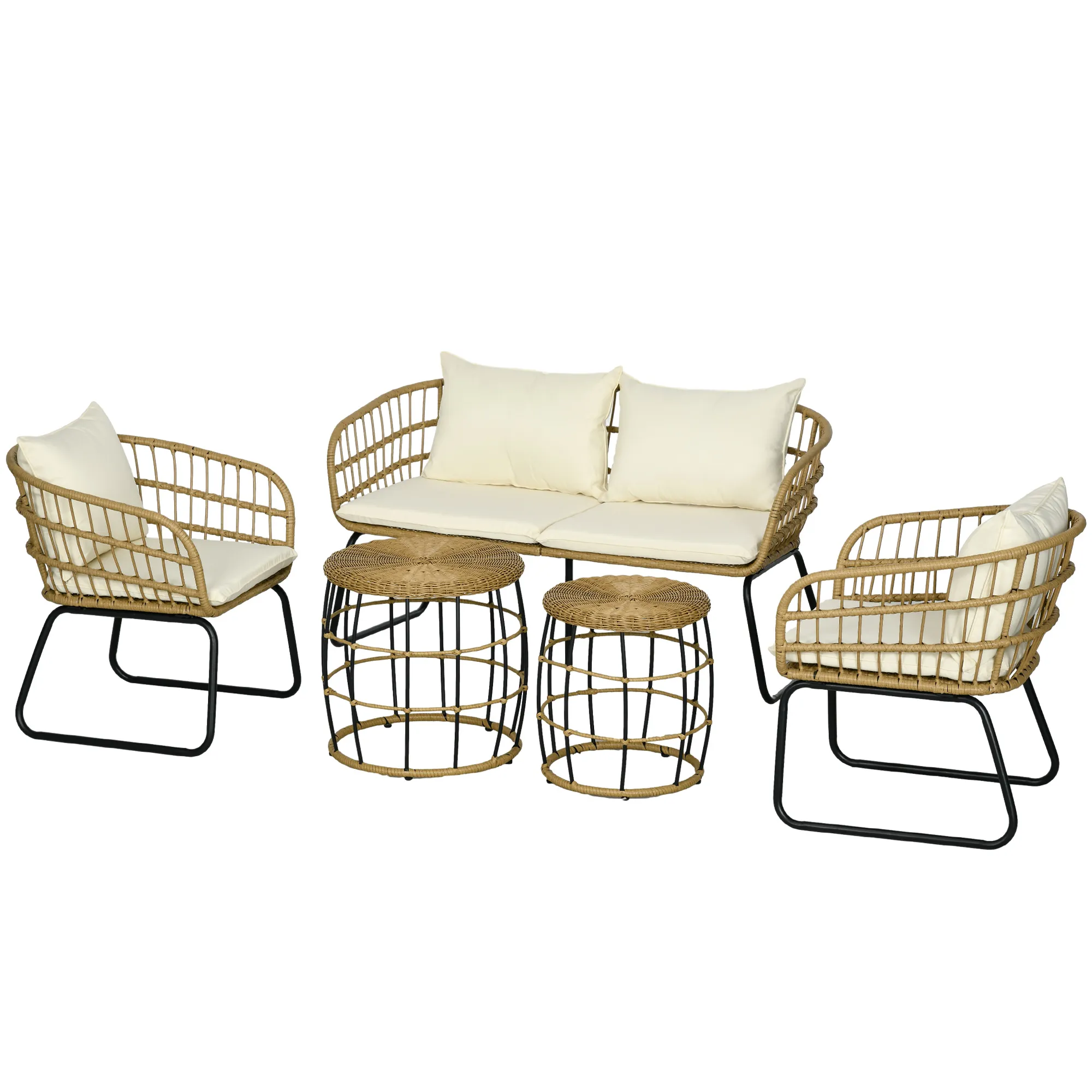 Rattansitzgruppe Lounge-Set Outdoor-Sitzgruppe, Boho-Stil, 5-teilges Set, 145 x 70 x 78 cm, Creme + Natur + Schwarz