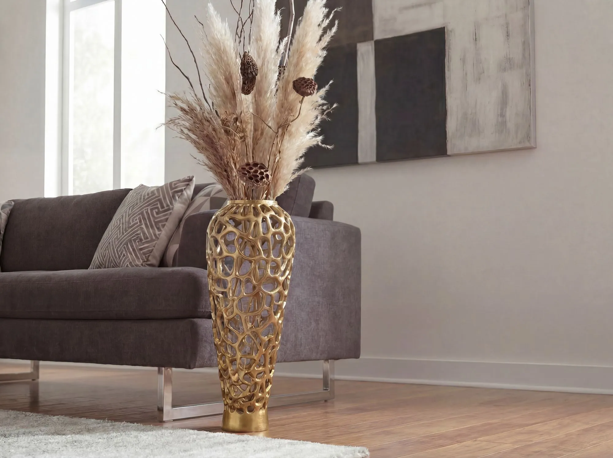 Bodenvase Aluminium 85cm Gold - Design Blumenvase Groß - Metallvase Modern - Dekovase rund für Trockenblumen - XXL Standvase Hoch - Wohnzimmer Deko - Wohndeko Handmade