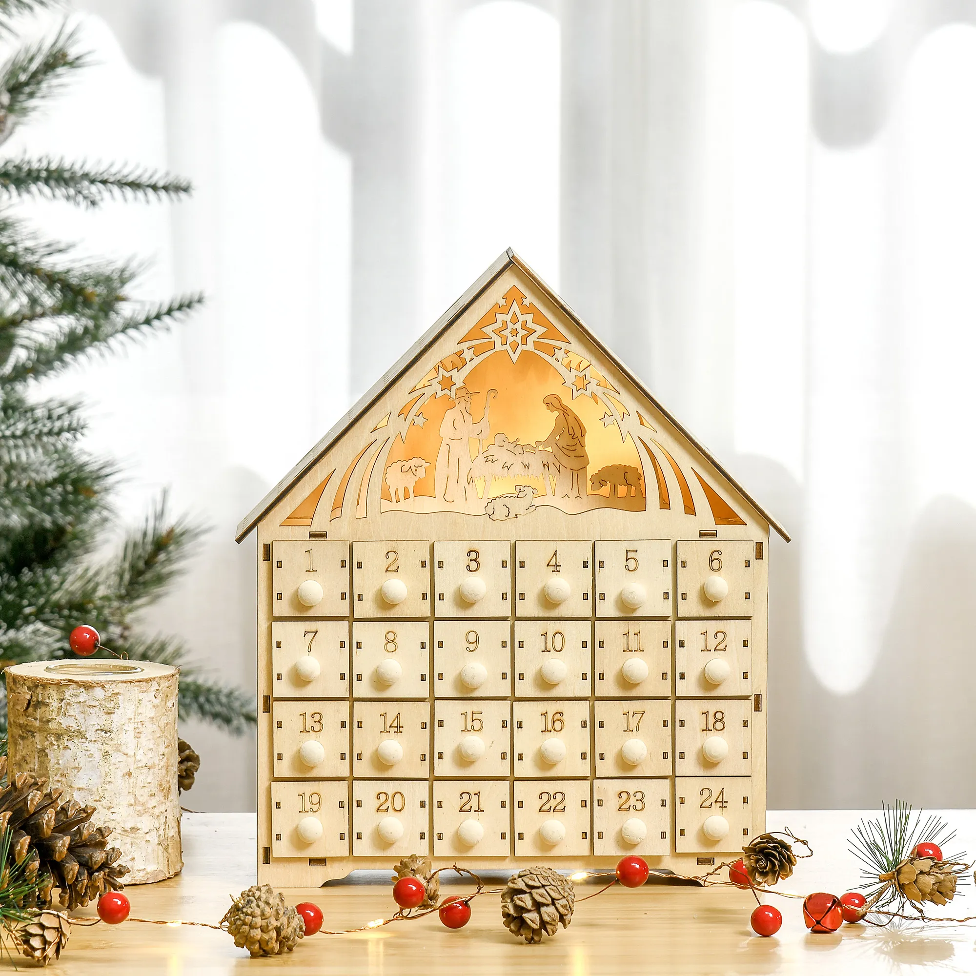 Adventskalender aus Sperrholz mit LED-Beleuchtung, Natur, 30 cm