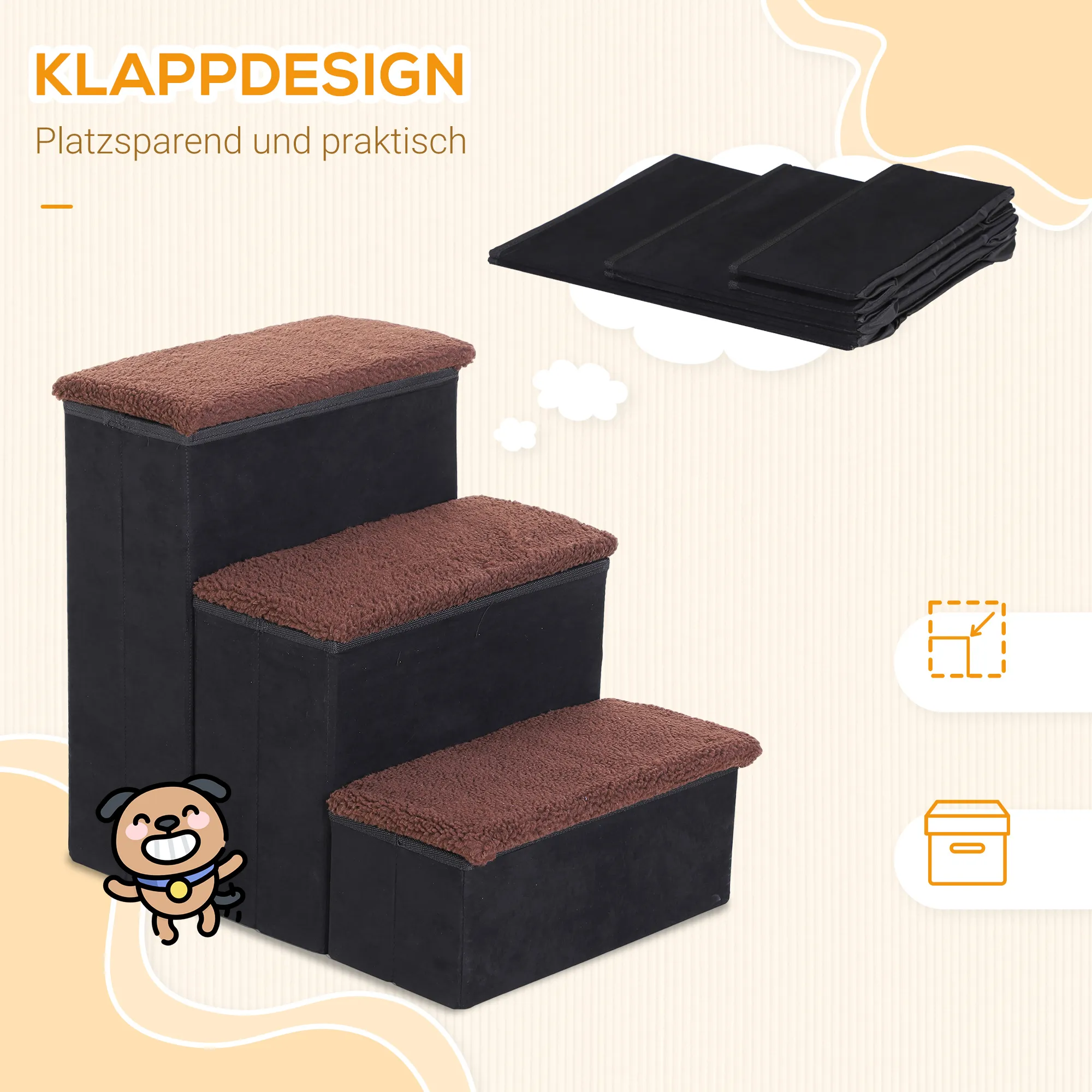 Haustiertreppe für Hunde und Katzen mit Stauraum, MDF, Schwarz