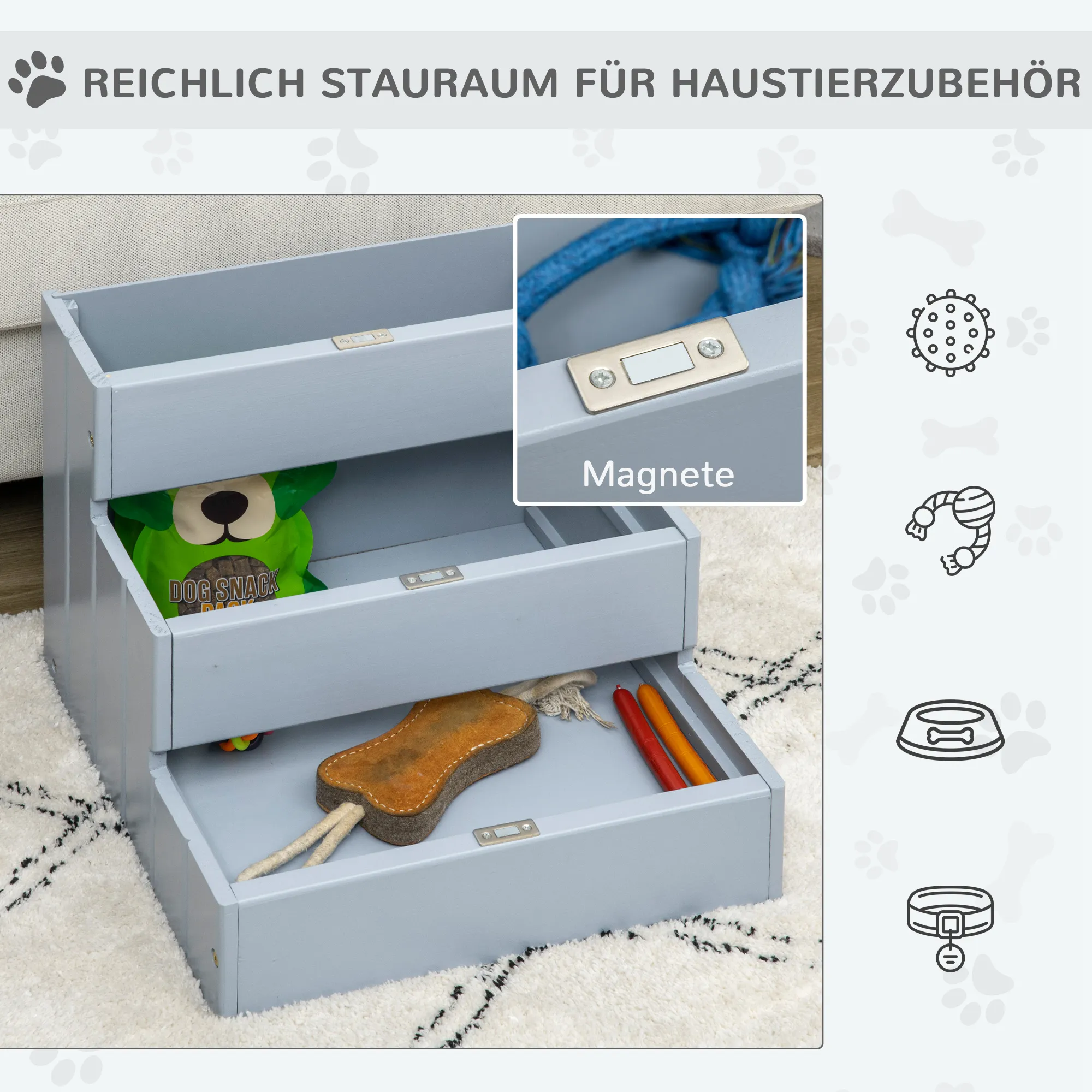 Hundetreppe mit Stauraum aus Tannenholz, 3 Stufen, Grau, 38 cm hoch