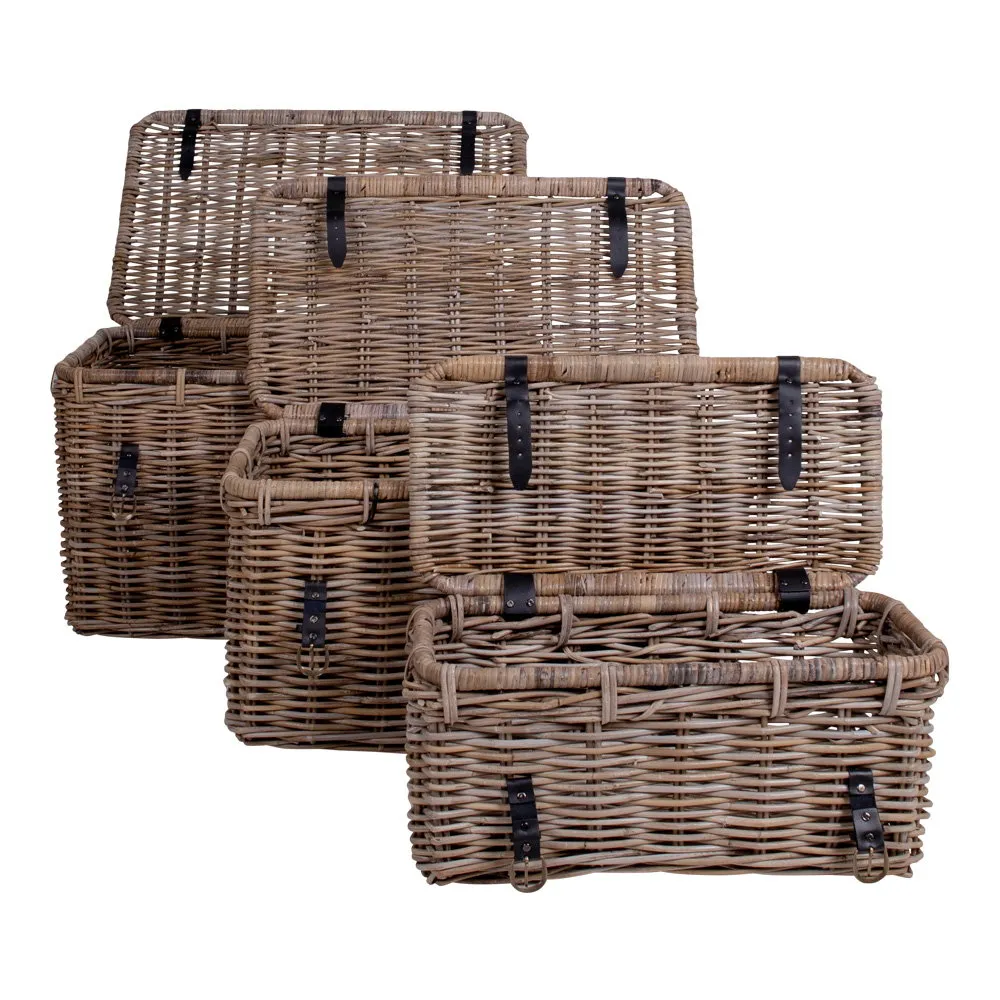 tinkaro Aufbewahrungsbox Set 3-teilig Kubu-Rattan Ledergriff Grau 81x71x61 cm