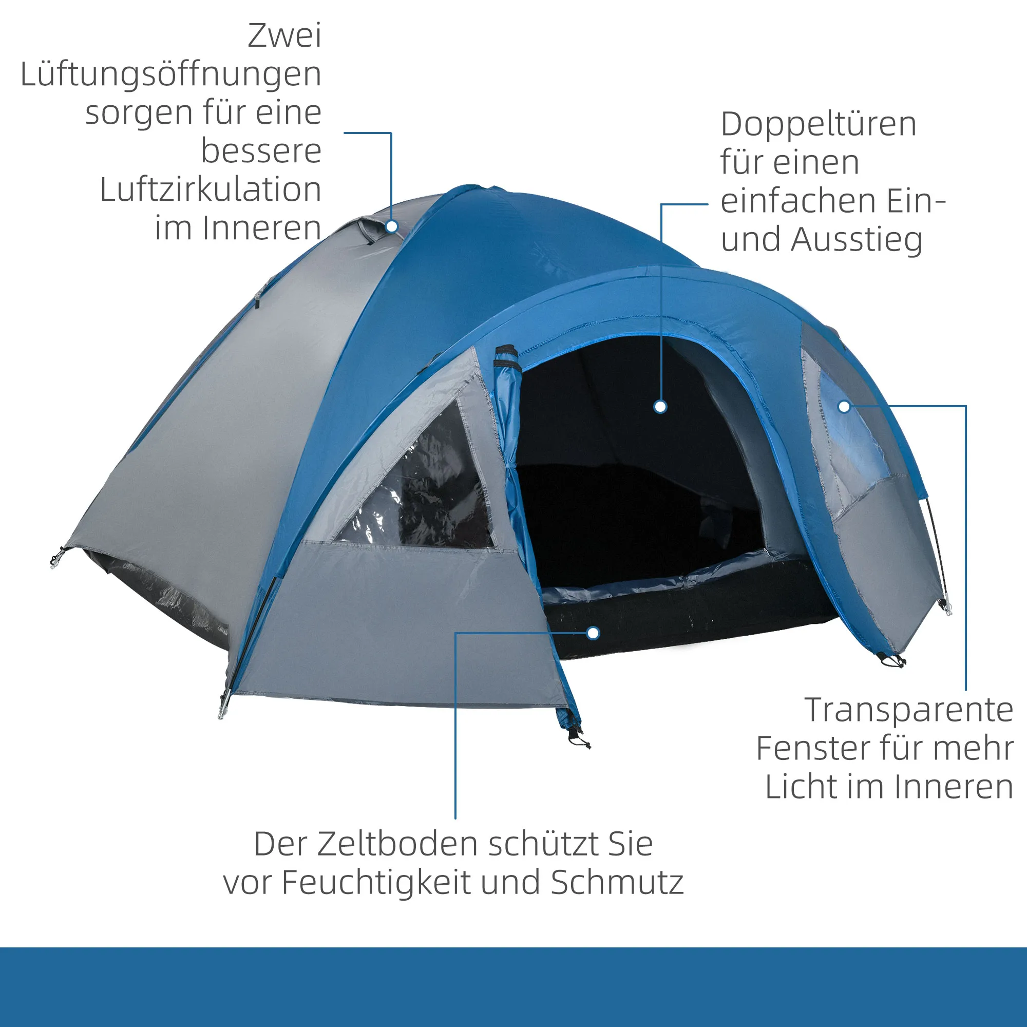 Campingzelt 4 Personen 250x300x130 cm Blau-Grau