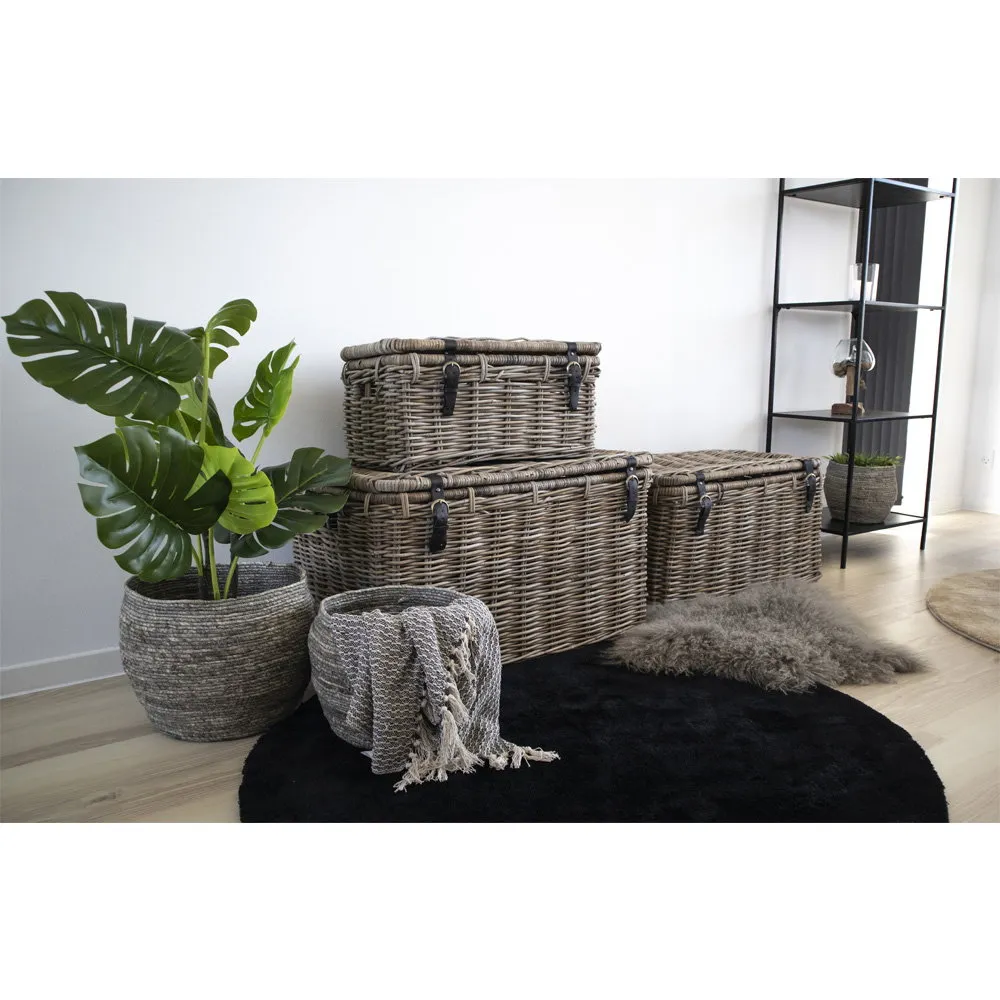 tinkaro Aufbewahrungsbox Set 3-teilig Kubu-Rattan Ledergriff Grau 81x71x61 cm