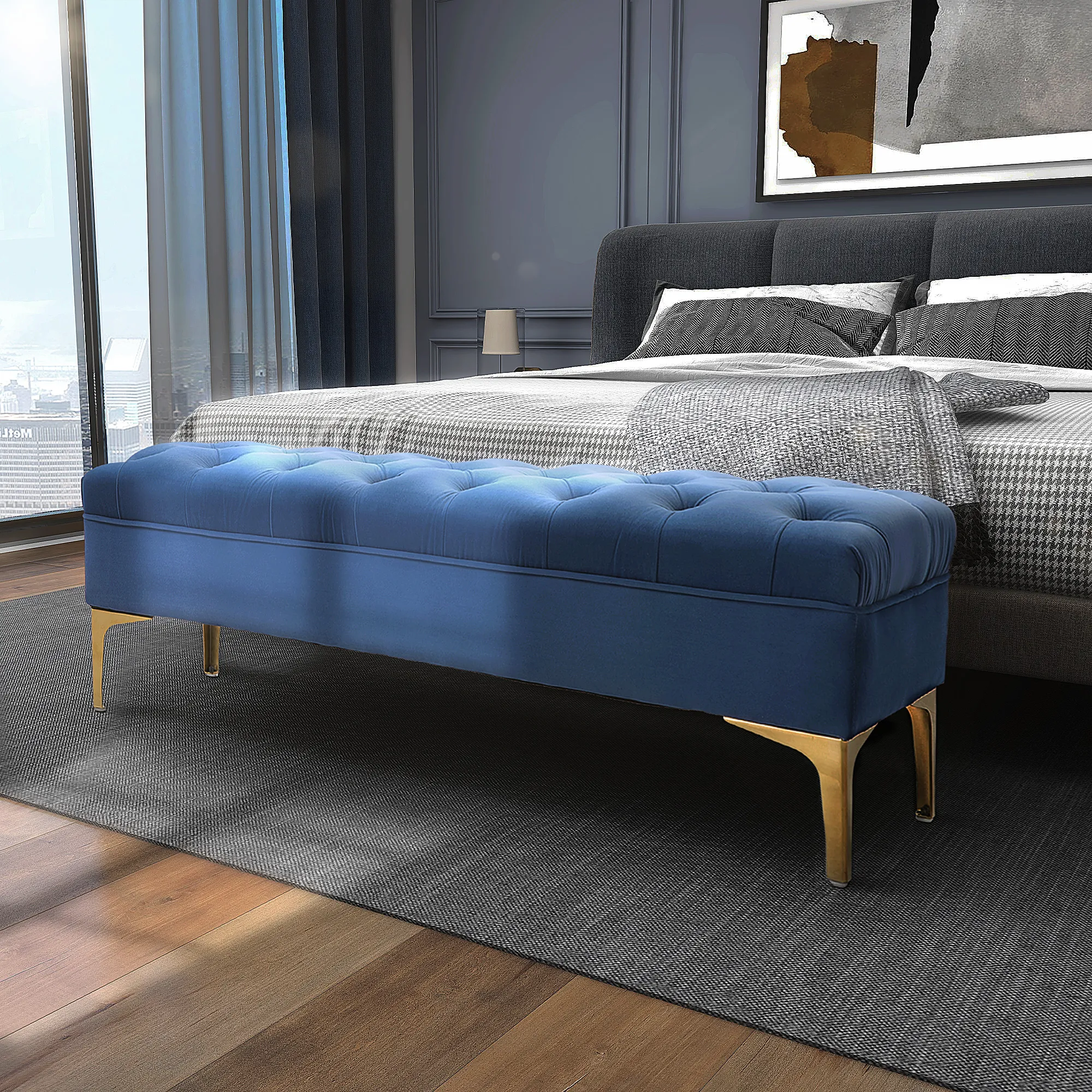 Eleganter Polsterhocker 118x45x42 cm Blau-Gold