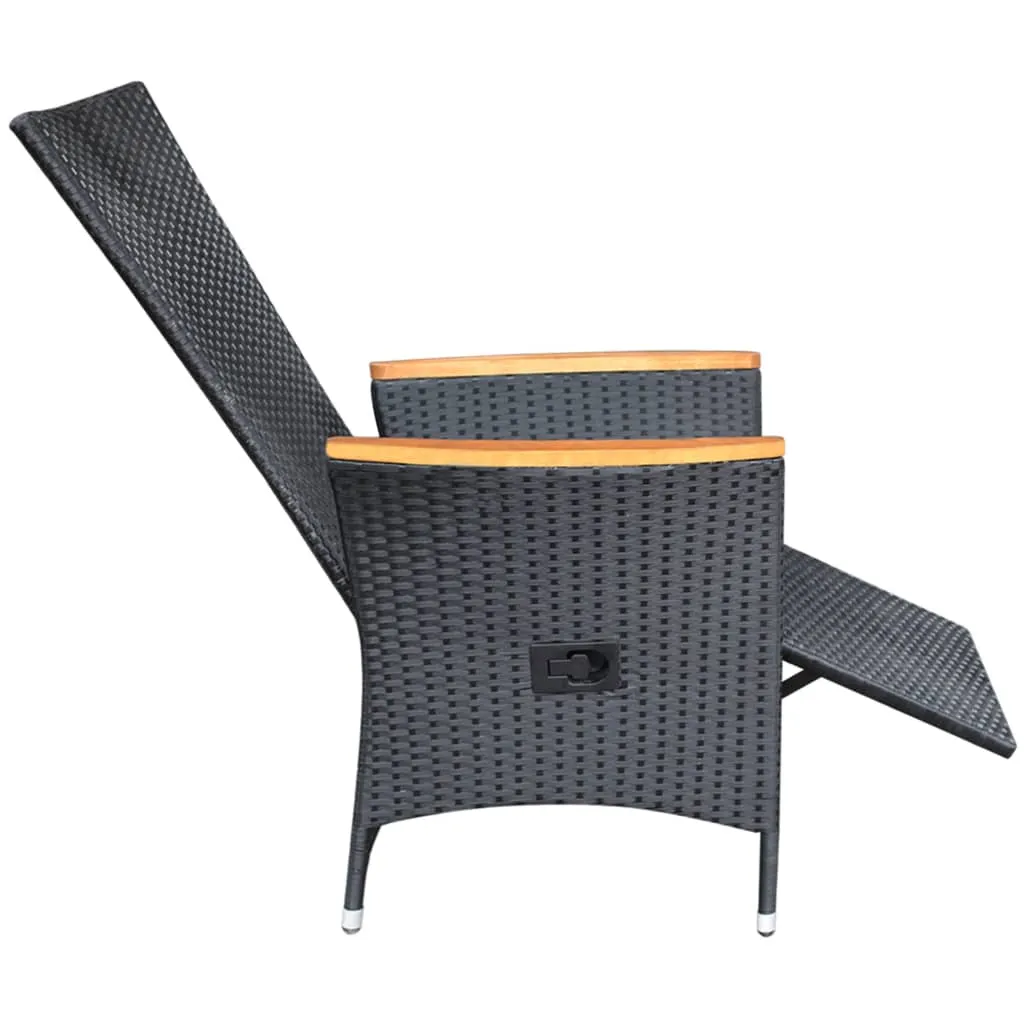 2er Set Rattan-Liegestühle Schwarz 58x62x108 cm mit Echtholz-Armlehnen