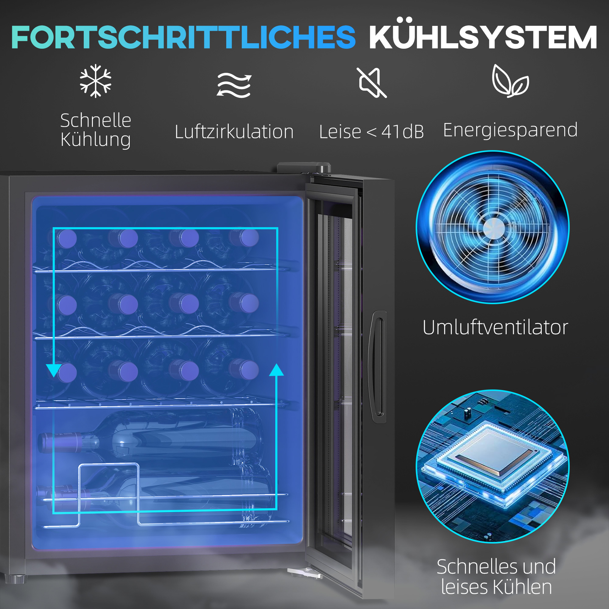 Weinkühlschrank 43B x 45T x 56,5H cm Schwarz für 16 Flaschen