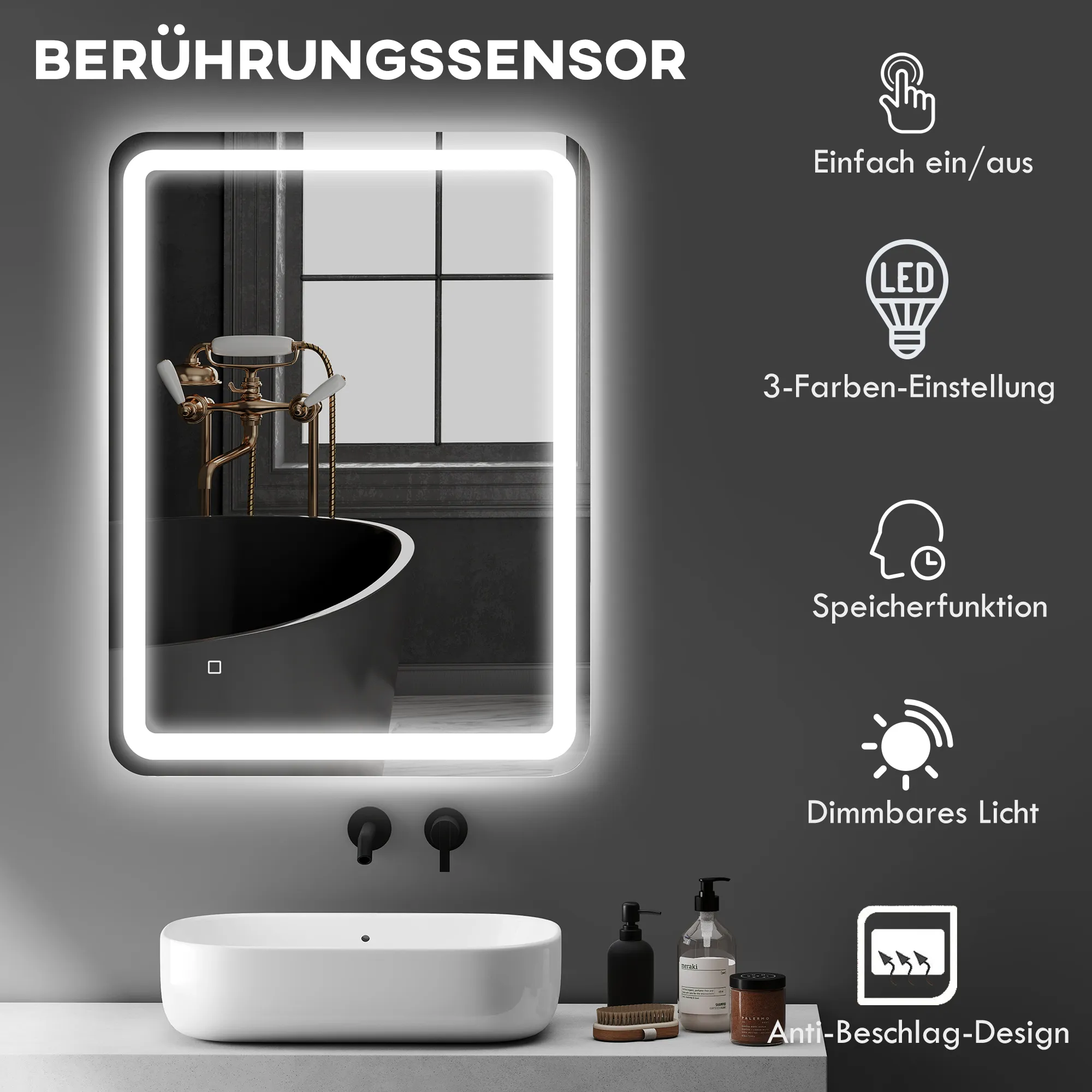 Badezimmerspiegel, beleuchtet, Touch-Steuerung, beschlagfrei, dimmbar, 3 Lichtfarben, 60 x 80, Silber
