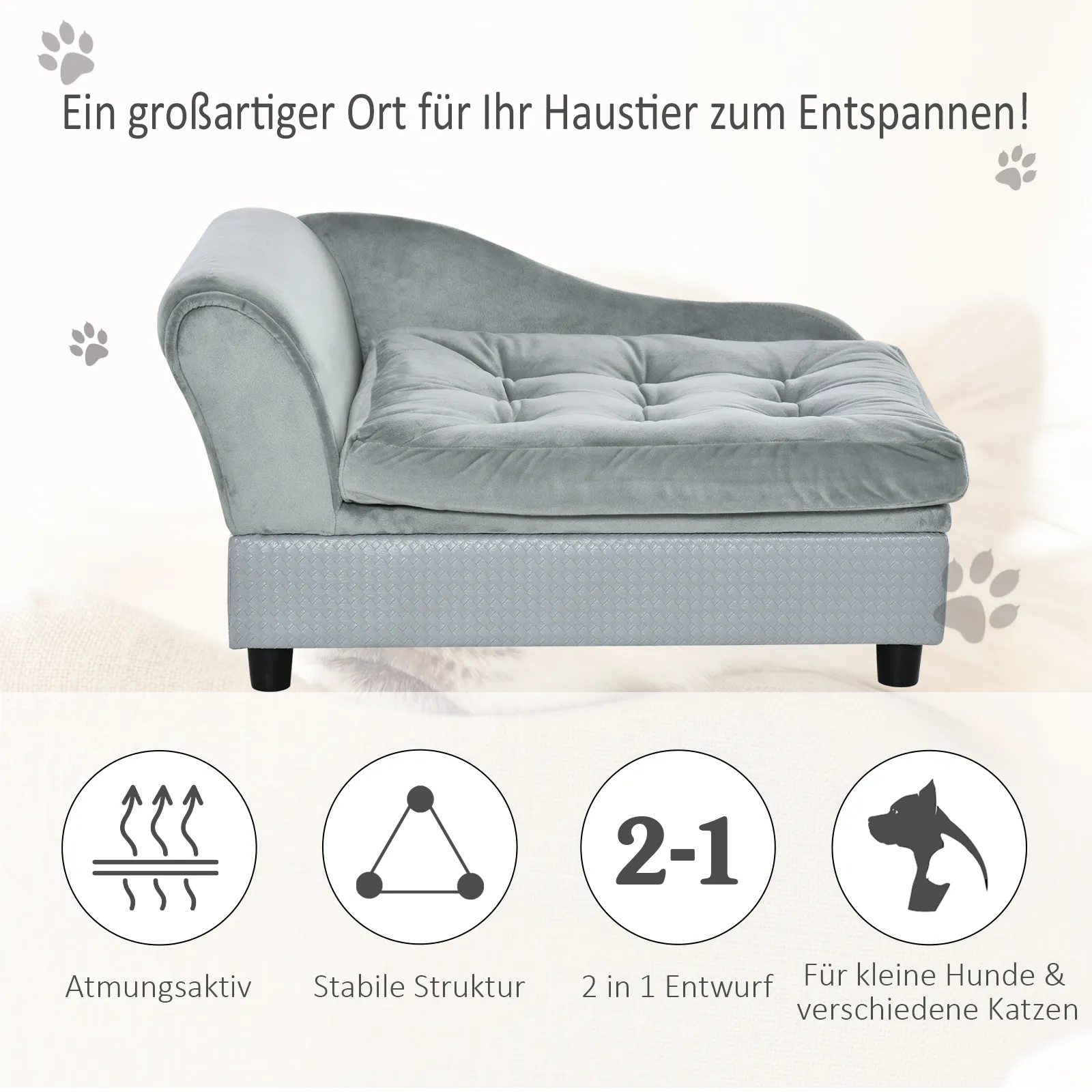 Haustiersofa mit Stauraum aus Plüsch, Holzrahmen, Hellgrau