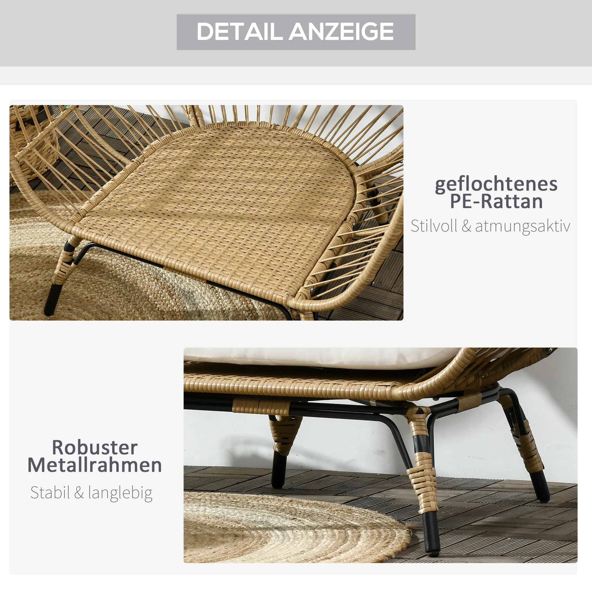 Korbstuhl Khaki-Beige 105L x 90B x 148H cm