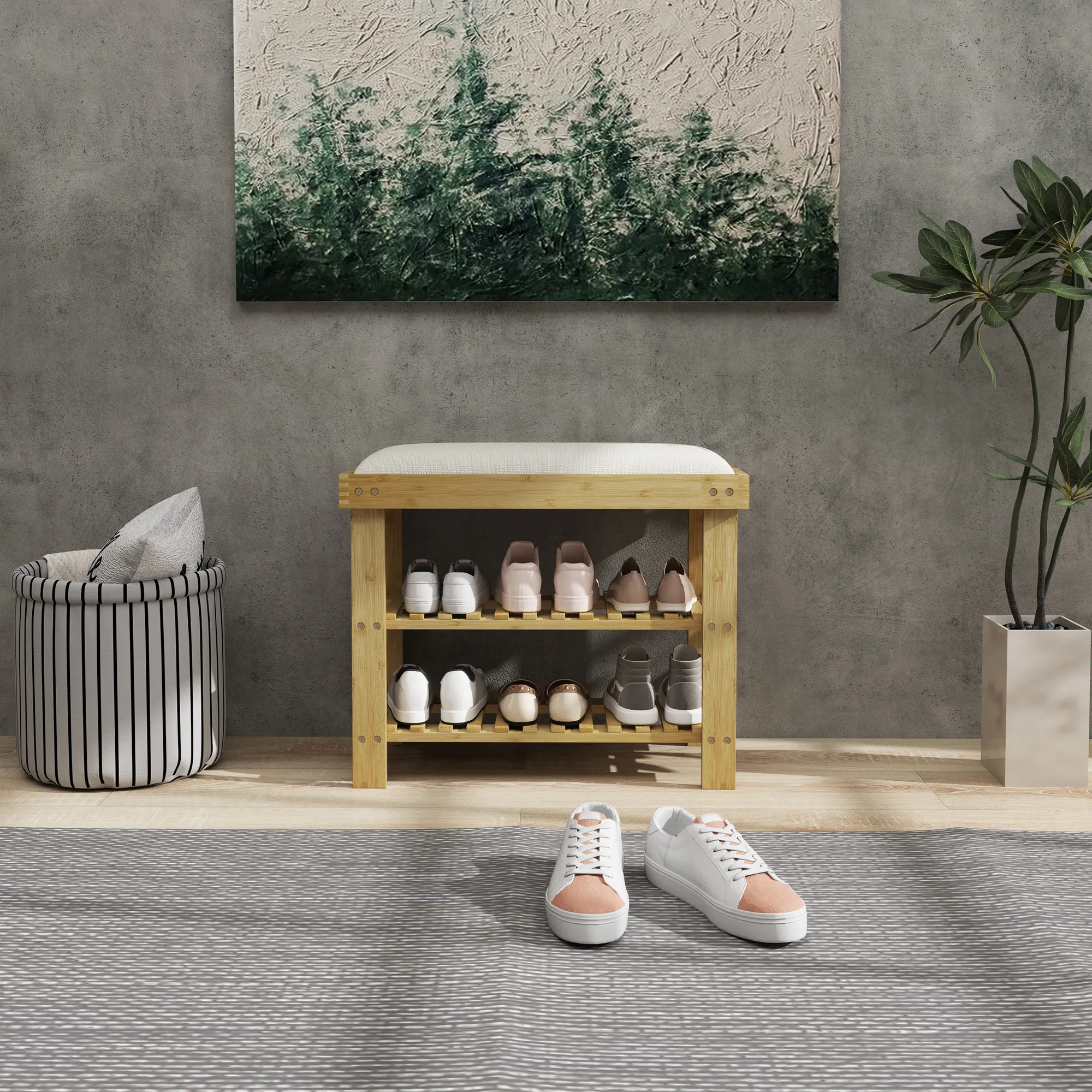 Schuhbank mit Sitzfläche, Bambus Sitzbank mit Stauraum, 2 offene Fächer, Sitzbank 60 x 29 x 49 cm Cremeweiß
