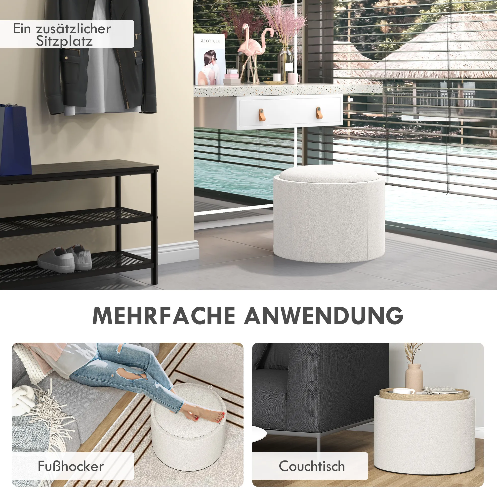 Hocker mit Stauraum 56B x 56T x 42H cm in Cremeweiß