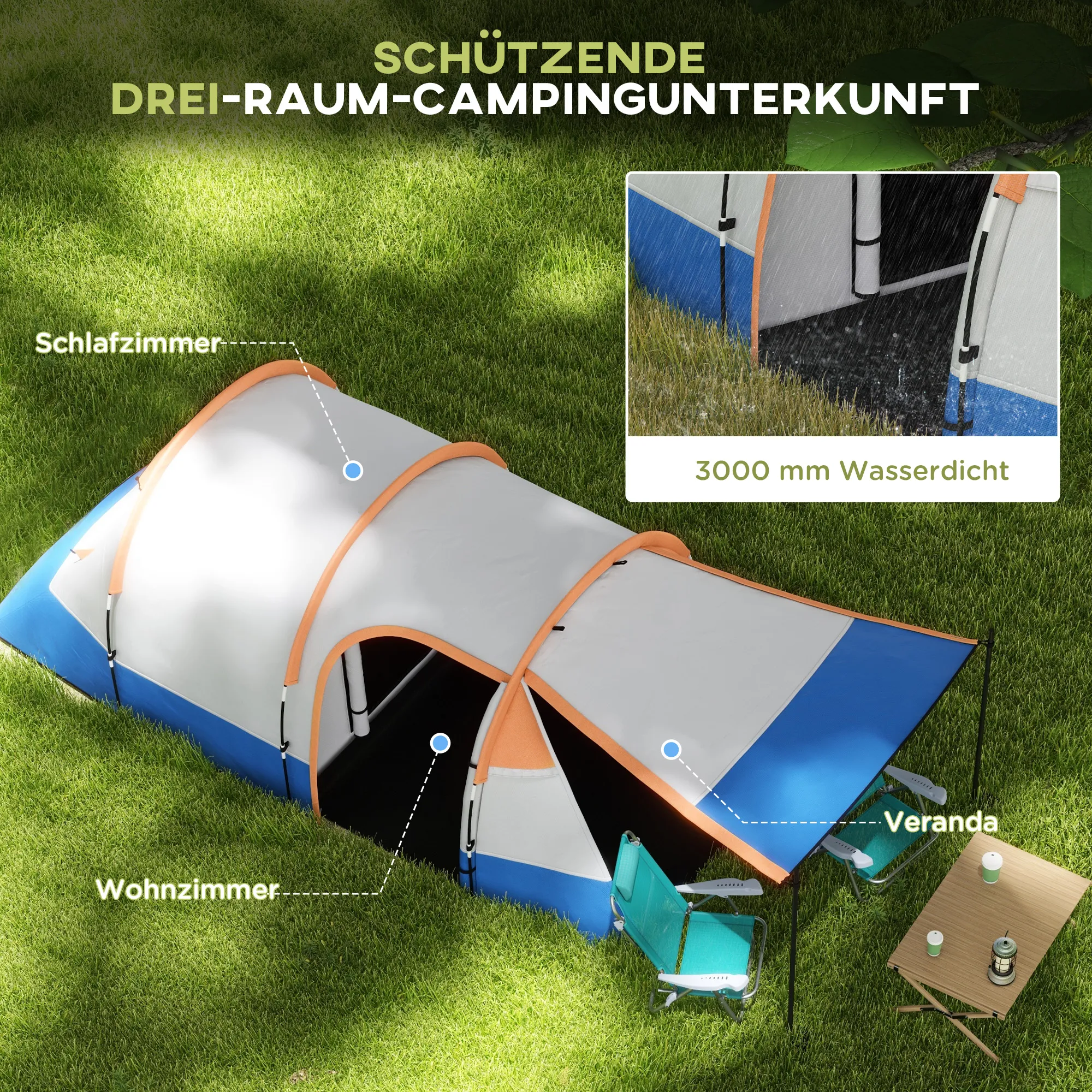 Tunnelzelt 4 Personen 420x200x150 cm Orange