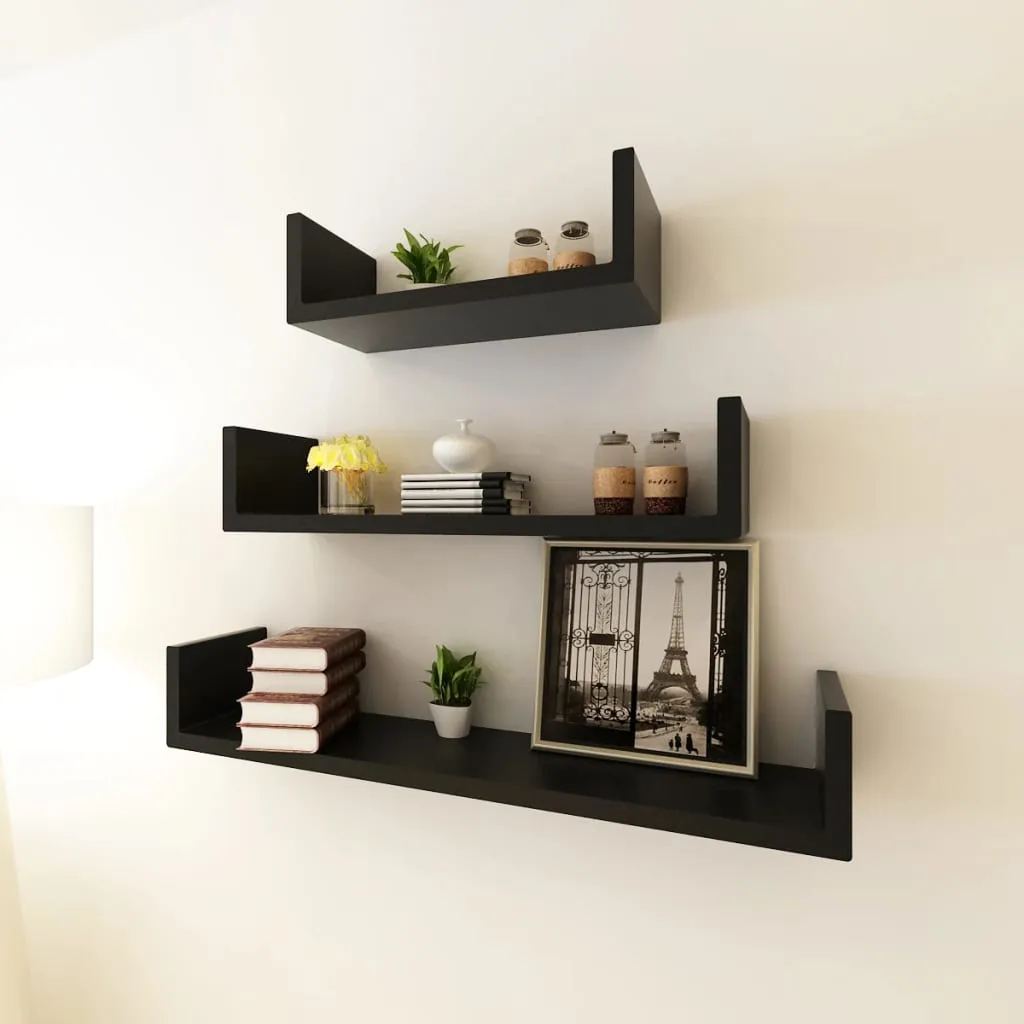 3-tlg. Wandregal-Set U-Form für Bücher DVD MDF Schwarz
