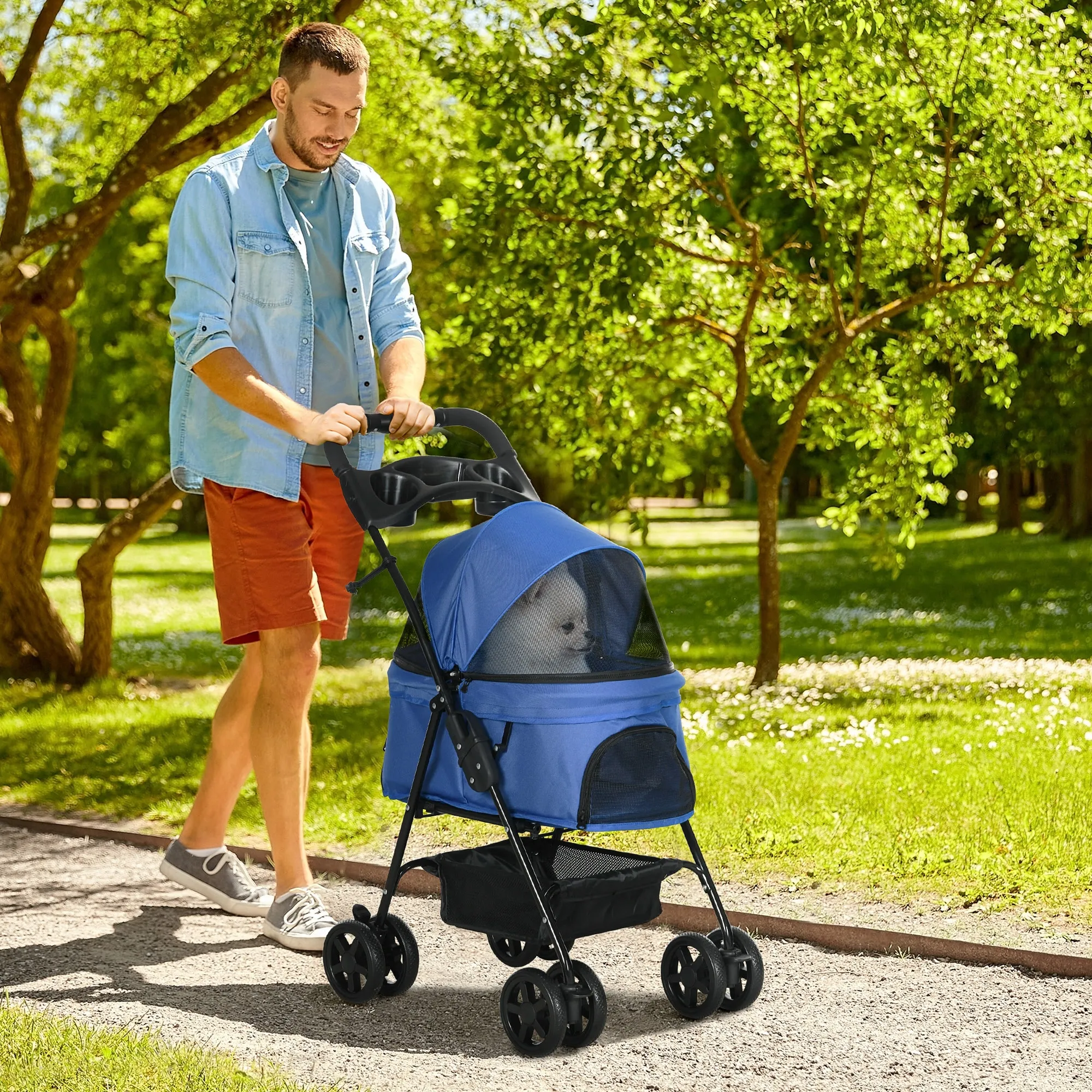 Hundebuggy Blau 67L x 45B x 96H cm für kleine Hunde bis 4 kg