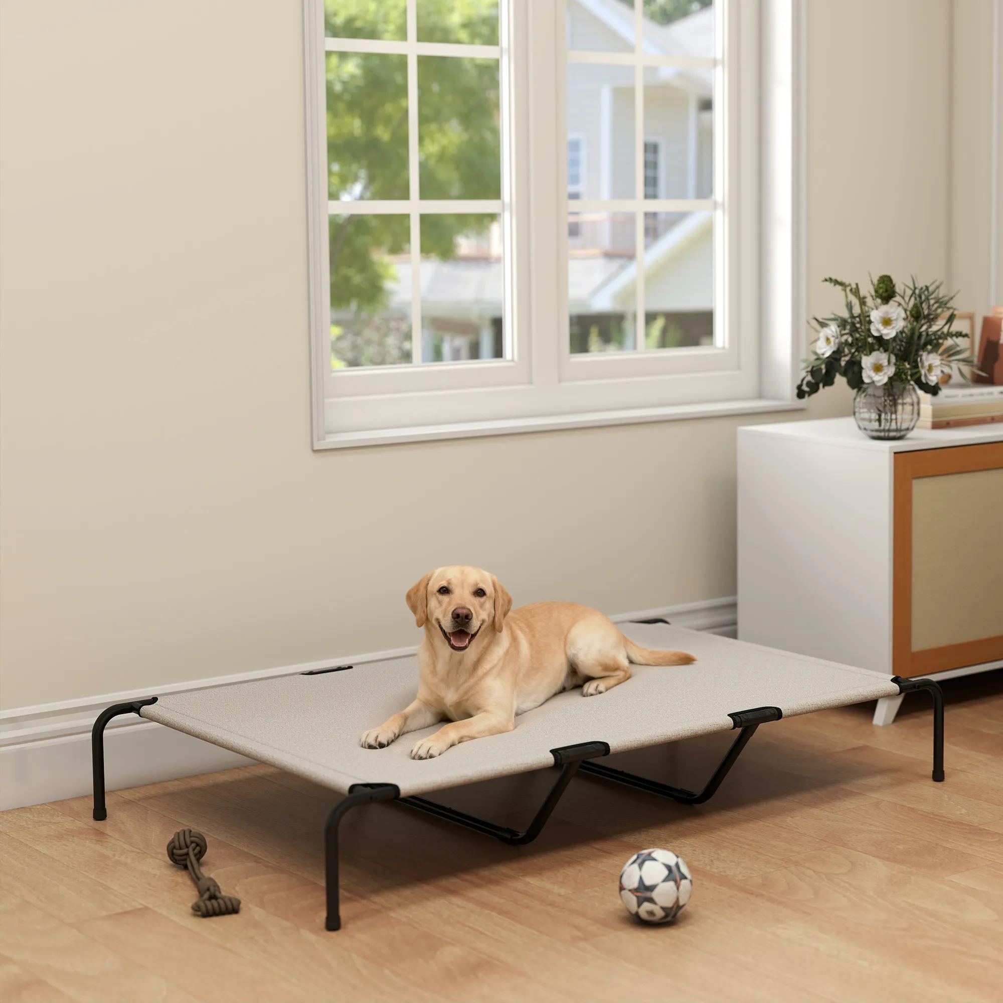 Hundebett Outdoor erhöht für große Hunde, Stahl, 152x94x23 cm, Beige