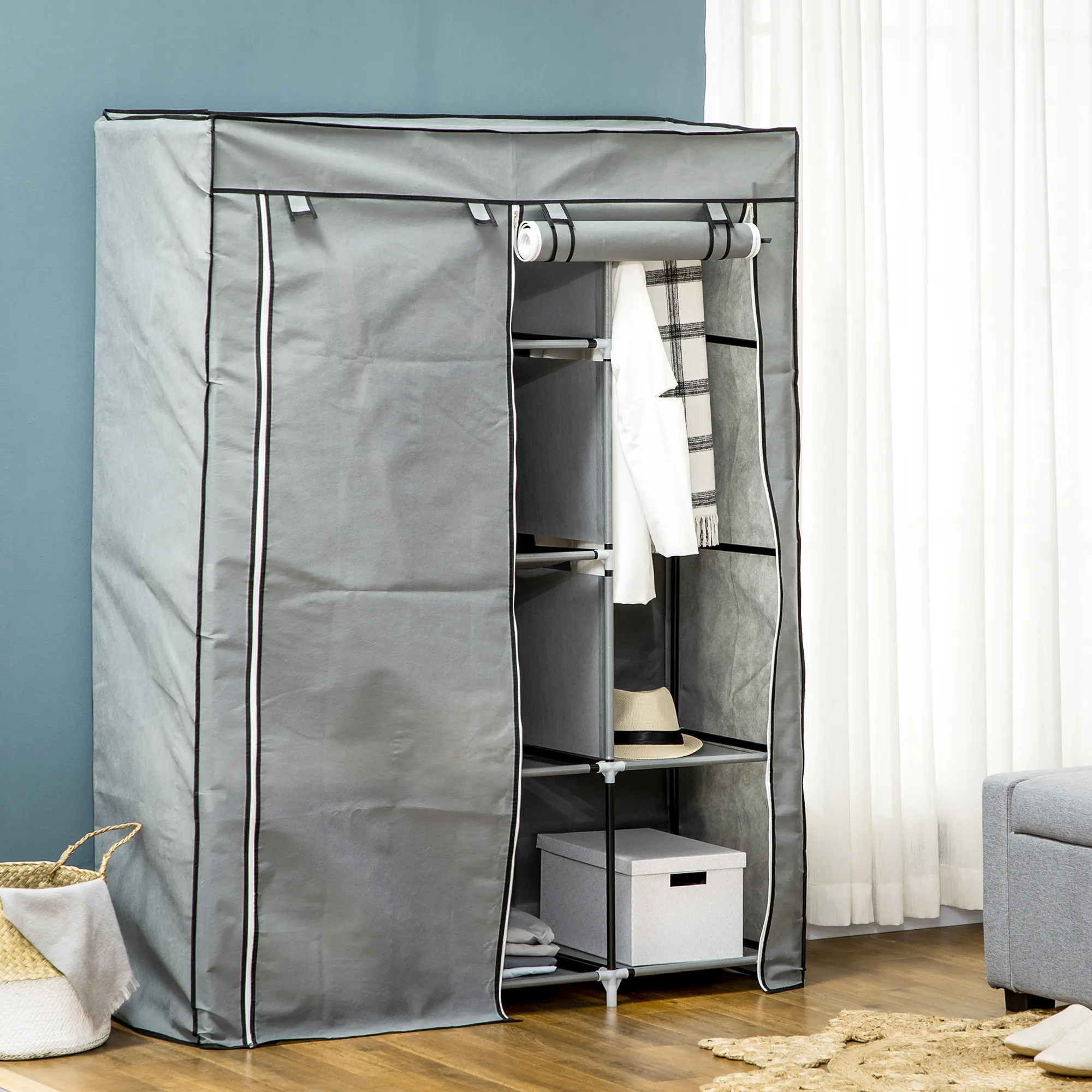 Schrank aus Stoff, Aufbewahrungslösung, 8 Regale, 2 Kleiderstangen, Grau