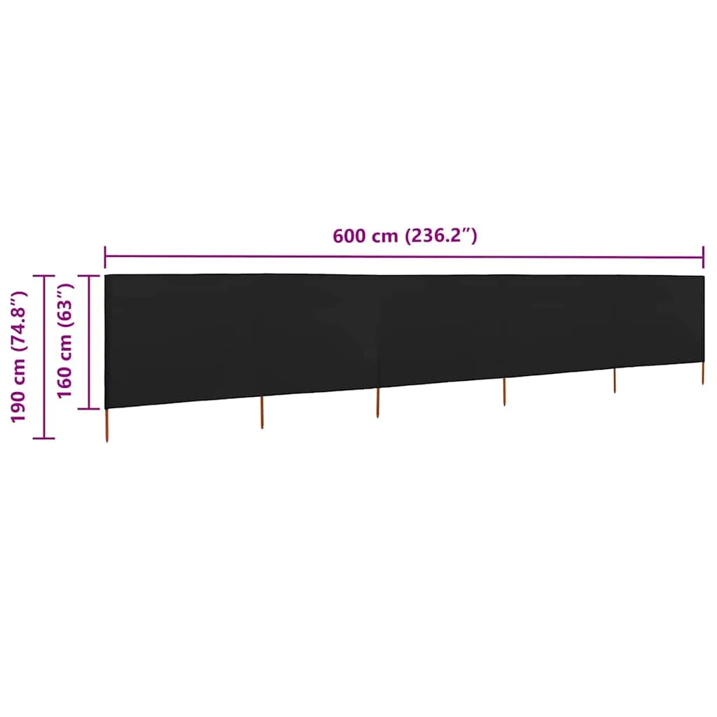 5-teiliger faltbarer Windschutz 600x160 cm Schwarz aus Vlies und Massivholz