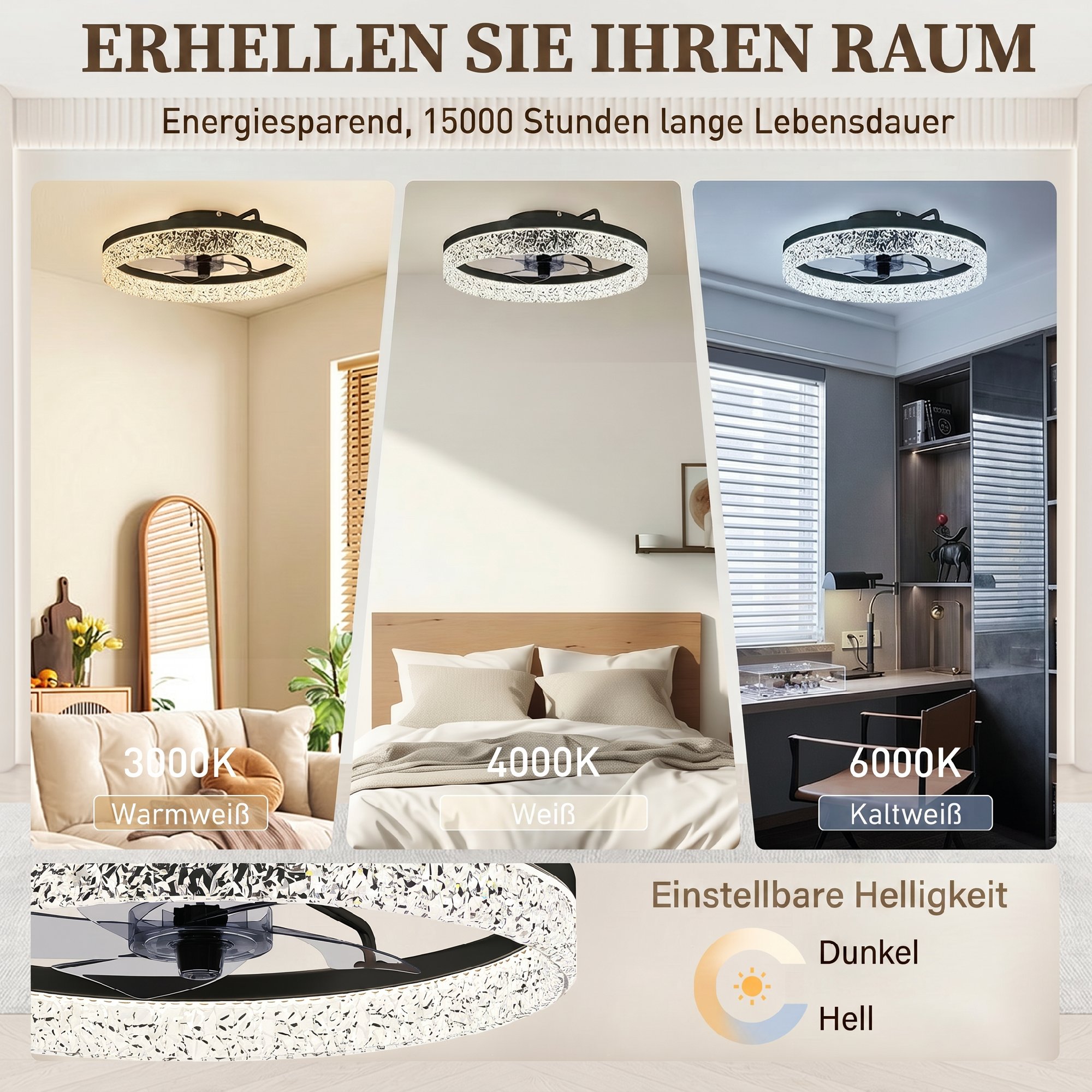 Deckenventilator mit Licht, dimmbarer LED-Deckenventilator mit Fernbedienung für Schlafzimmer und Wohnzimmer, Schwarz