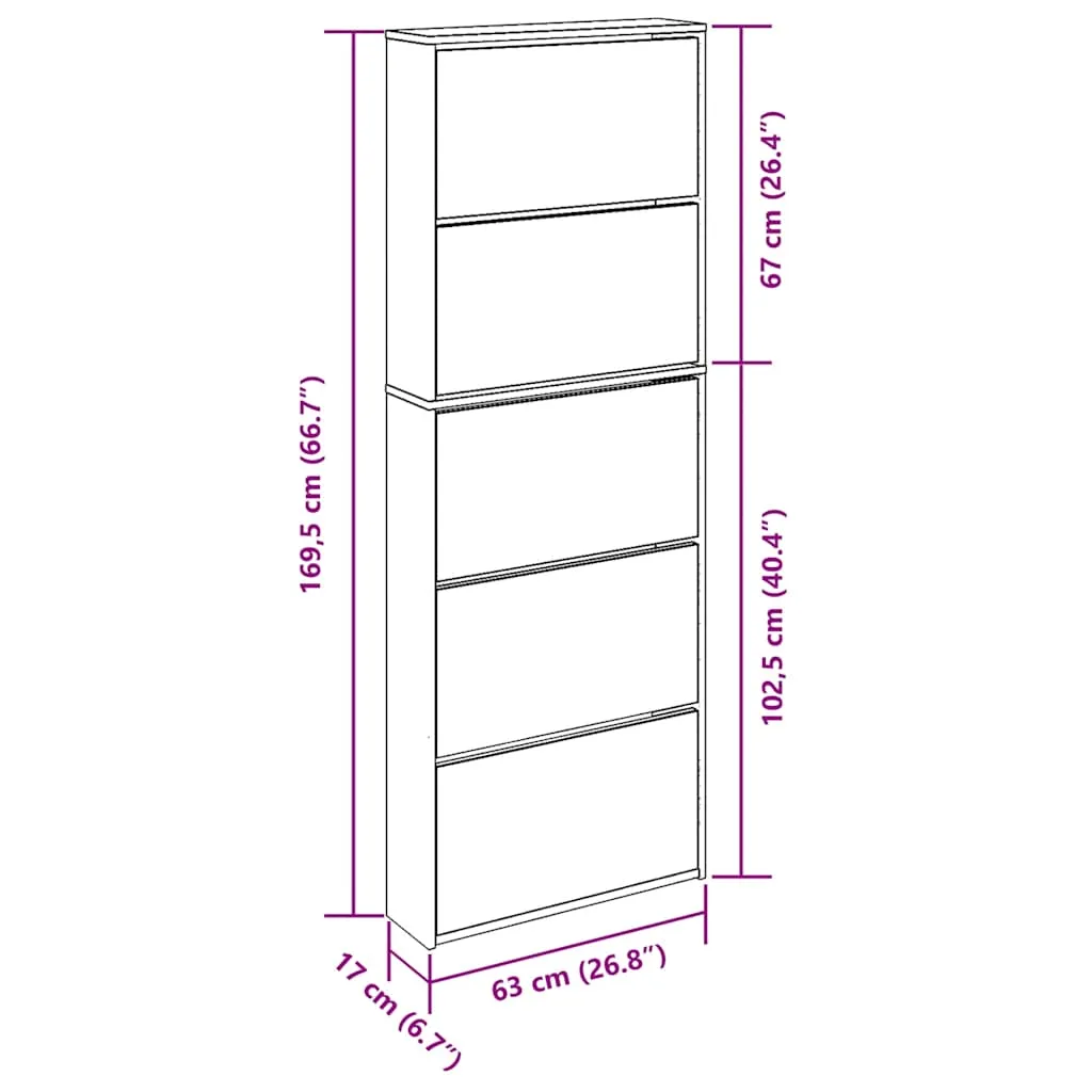 Moderner Schuhschrank Grau Sonoma 63x17x169,5 cm mit 5 Kippfächern