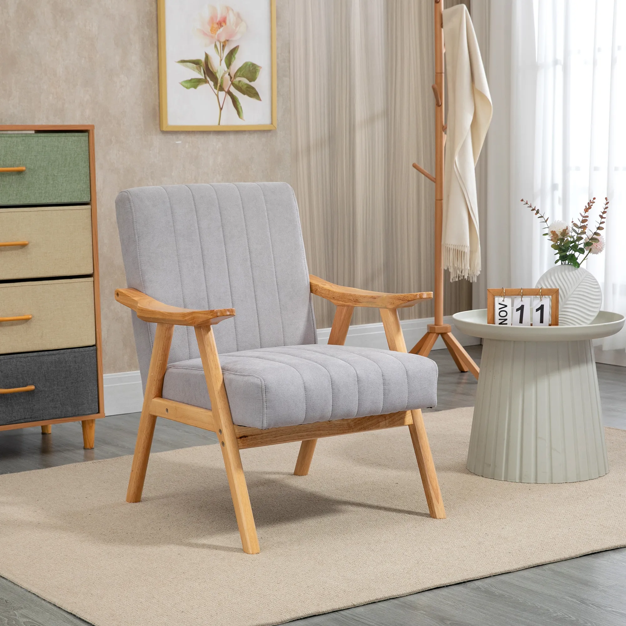Sessel im Skandi-Design, bis 120 kg, Samtoptik, Massivholz  68 cm x 74 cm x 82 cm, Natur + Grau