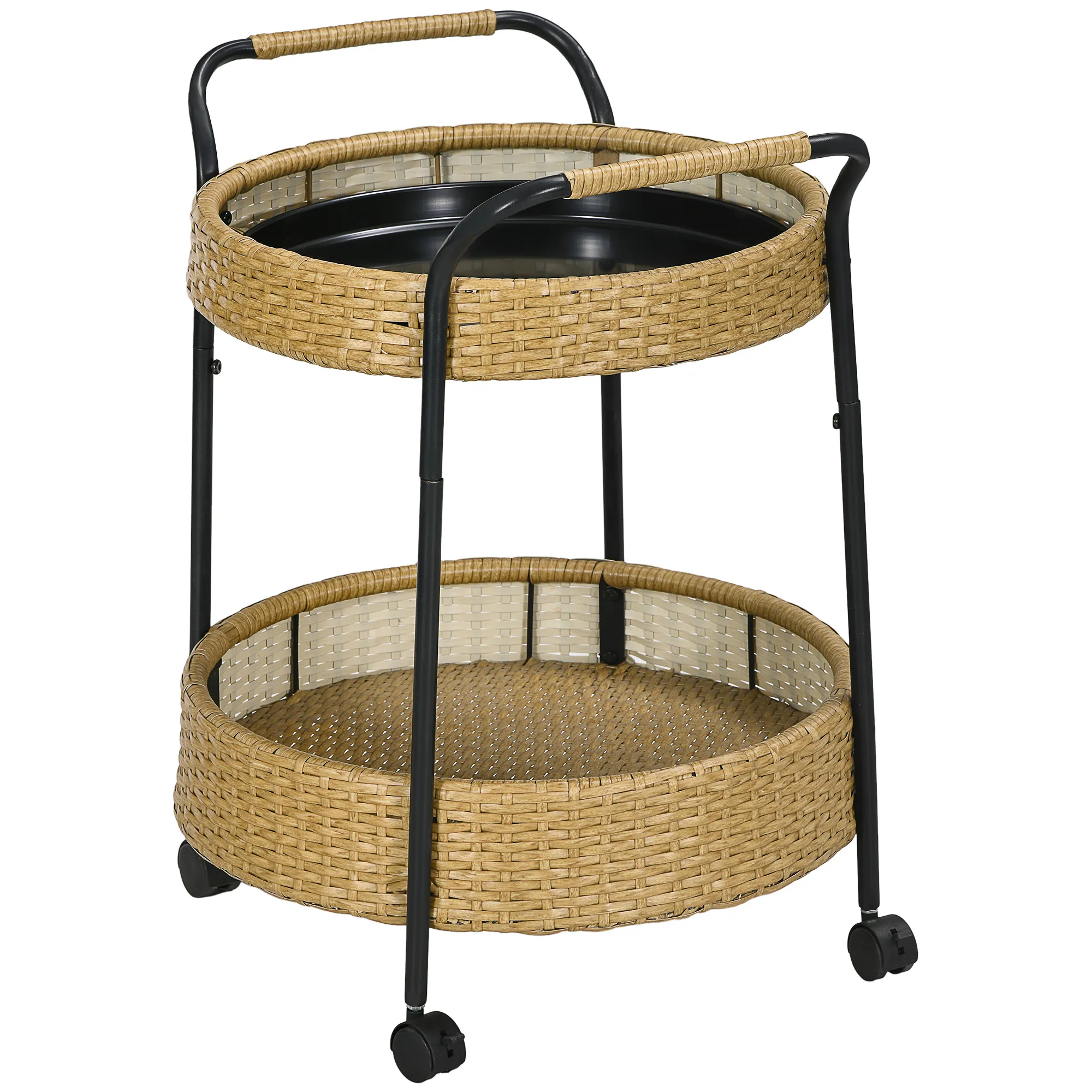 Outdoor Servierwagen, 2 Etagen, Bremsen, Polyrattan, Metallrahmen, Φ50 x 66H cm, Gelb