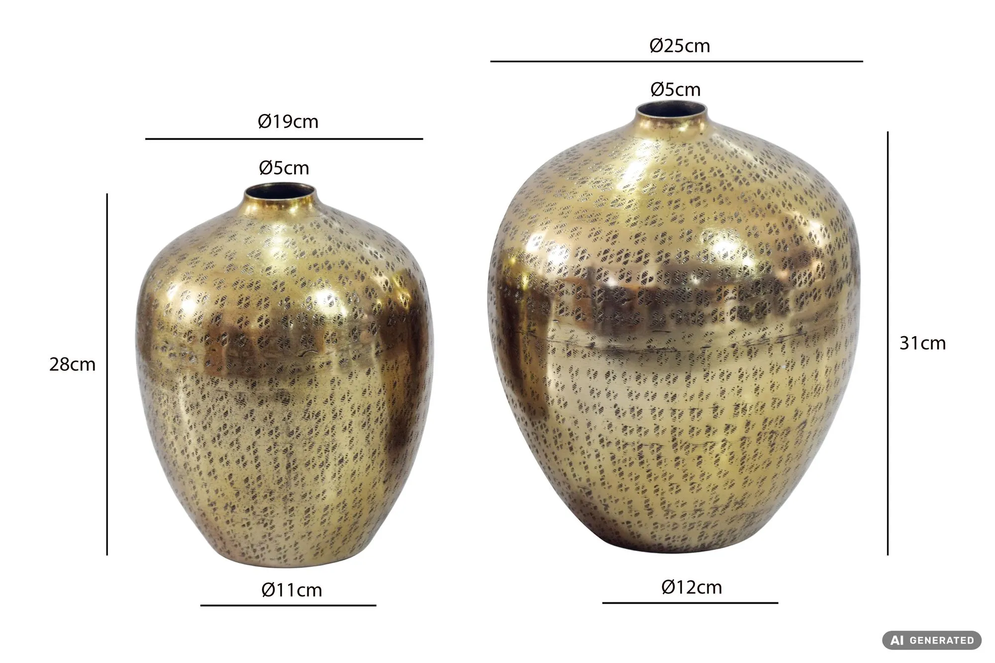 Tischvase 2er Set Aluminium Gold - Dekovase rund - Metall Vase modern - Wohnzimmer Deko Alu - Design Vase Tisch Dekoration Handmade