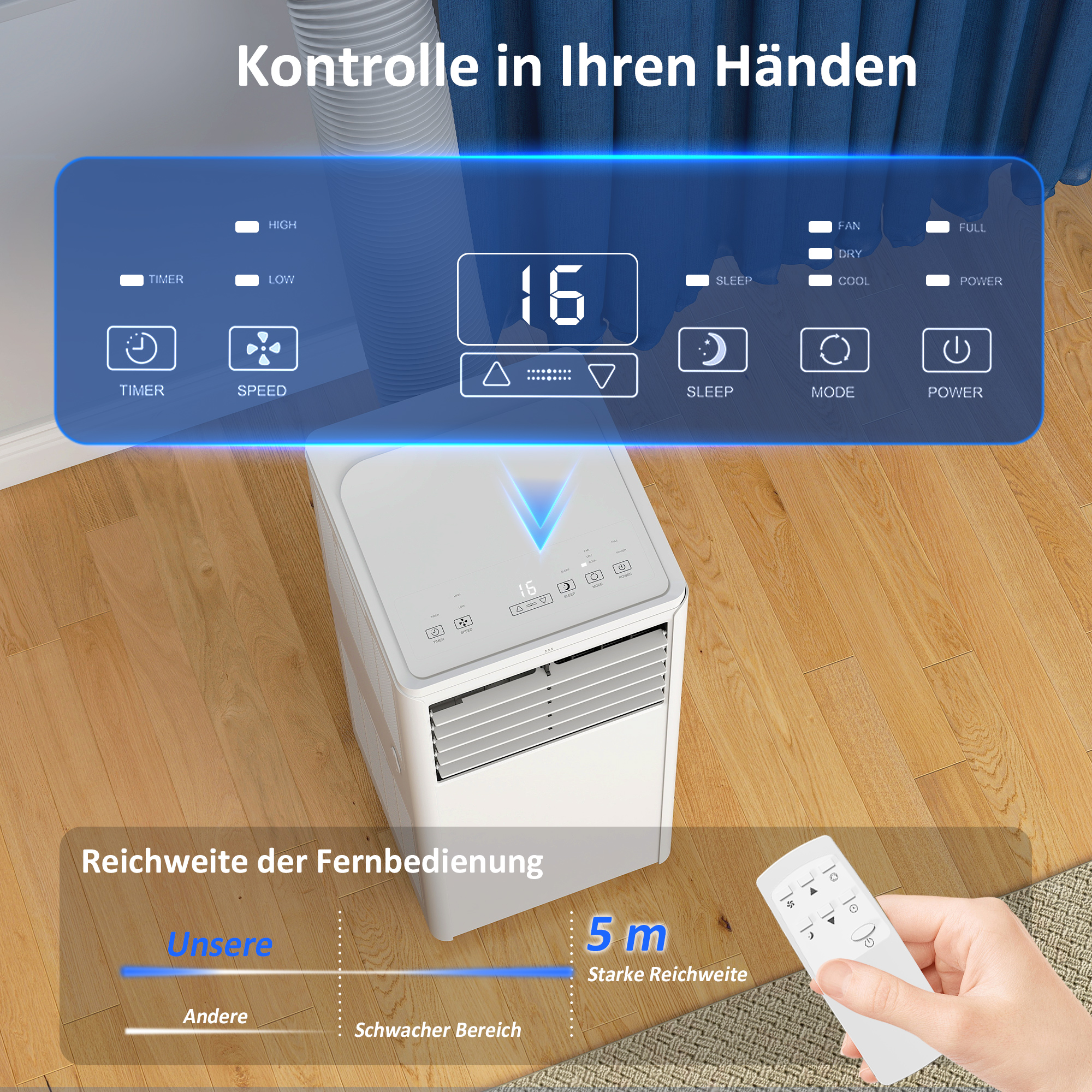 Tragbares Klimagerät 9000 BTU, 4-in-1 mit Kühlung, Entfeuchter, Ventilator, Schlafmodus