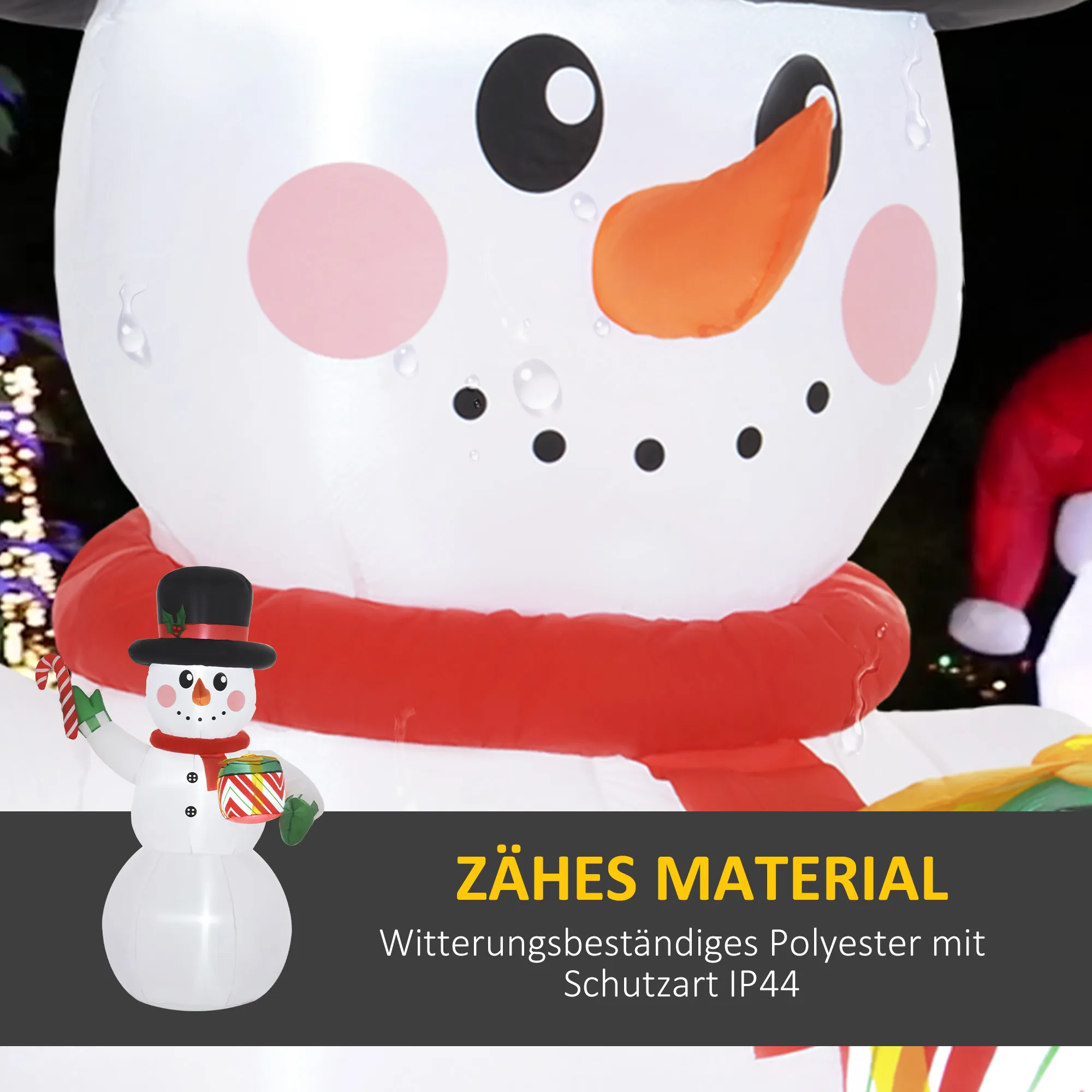 1,80 m Schneemann mit Zuckerstange & Geschenk, selbstaufblasbar, LEDs, wetterfest