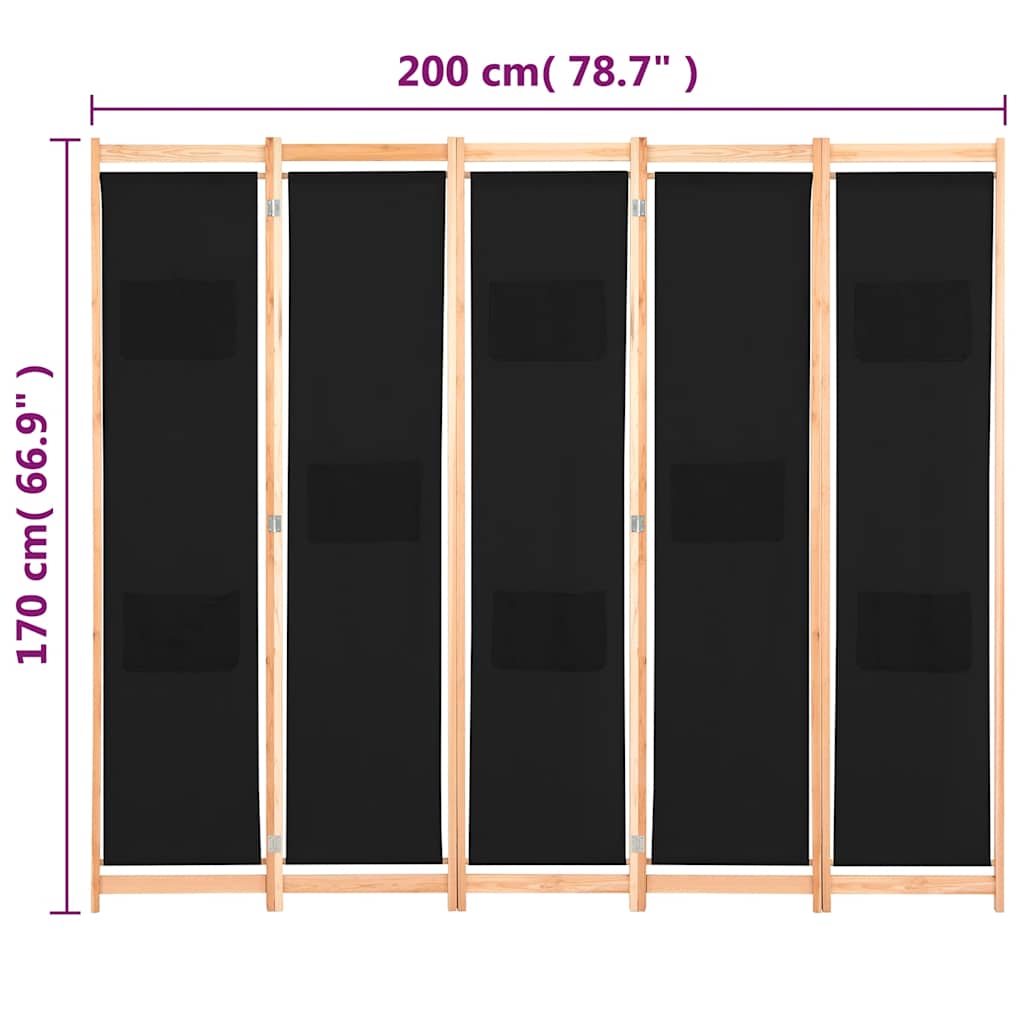 5-teiliger Raumteiler Schwarz 200 x 170 x 4 cm Stoff