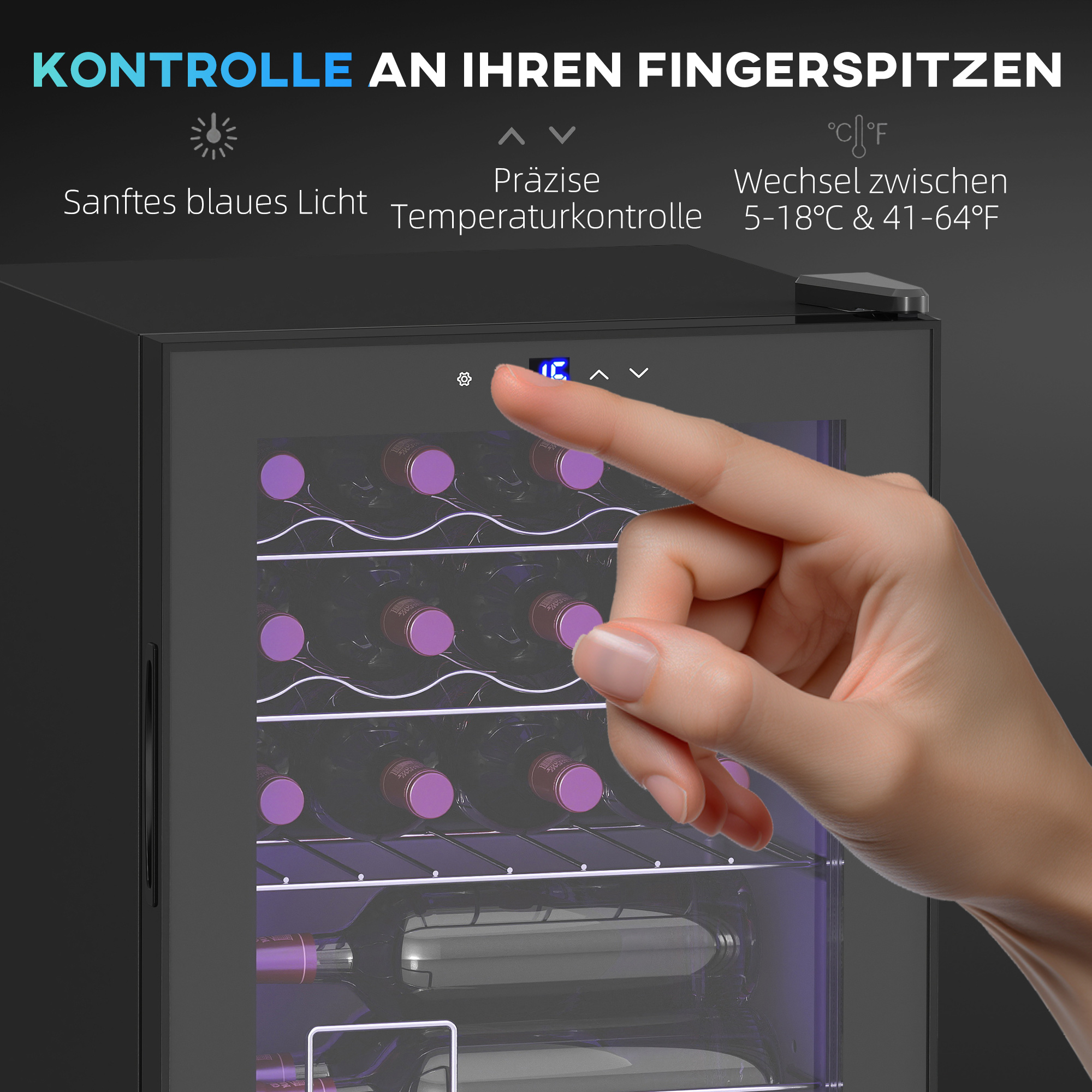 Weinkühlschrank 43B x 45T x 56,5H cm Schwarz für 16 Flaschen