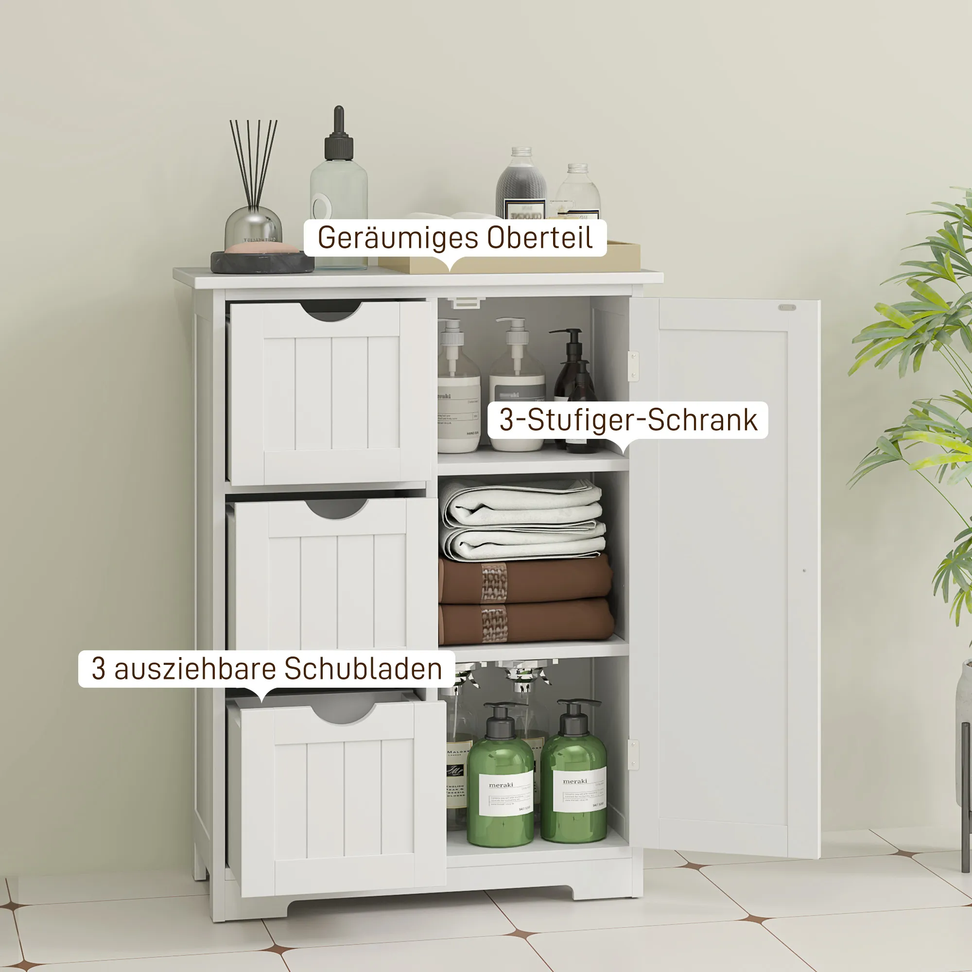 Badezimmerschrank, Badkommode, 3 Schubladen, Regal, MDF, Weiß